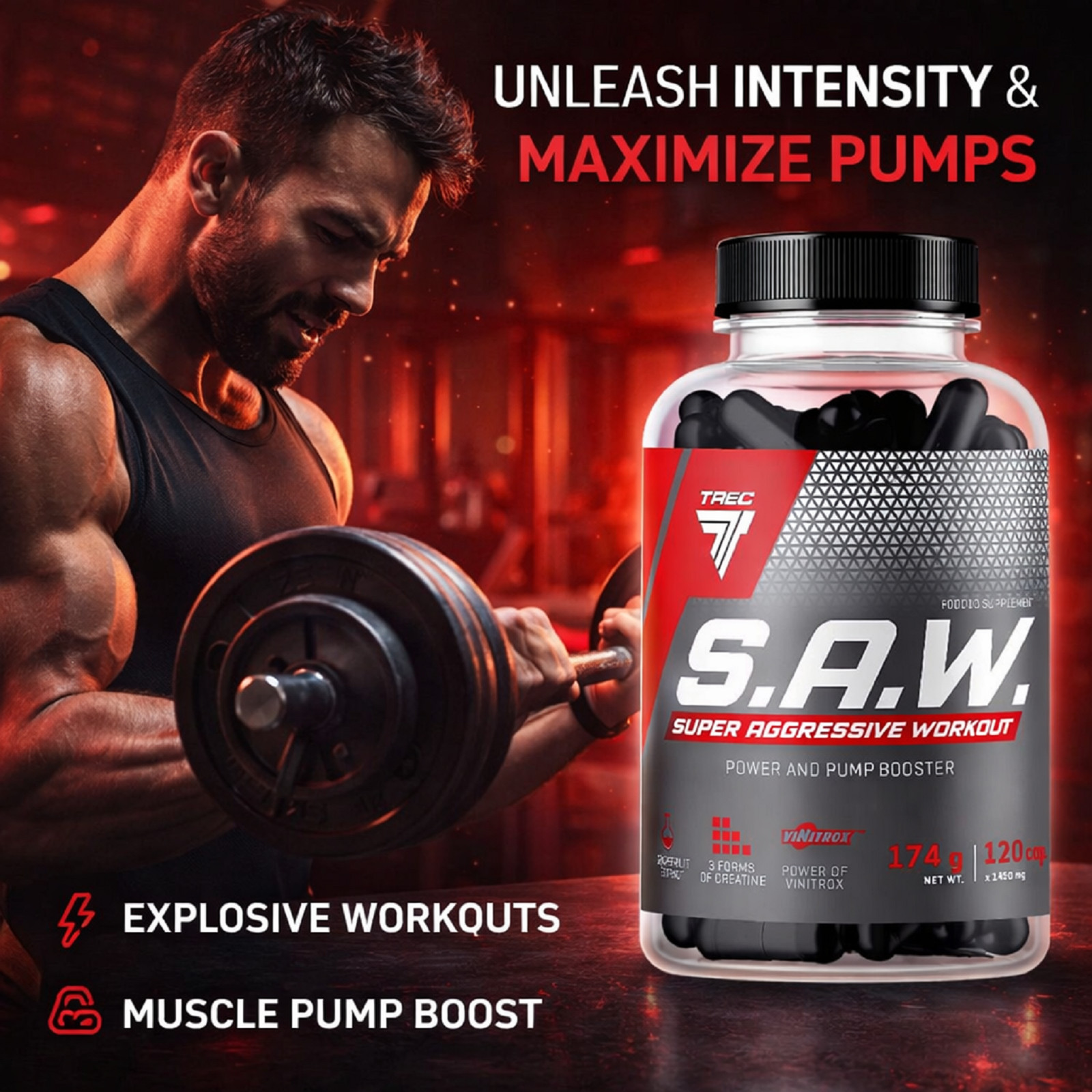 SAW 120 Capsules Pre-Workout Booster Energy Endurance Focus Muscle Pump & Growth