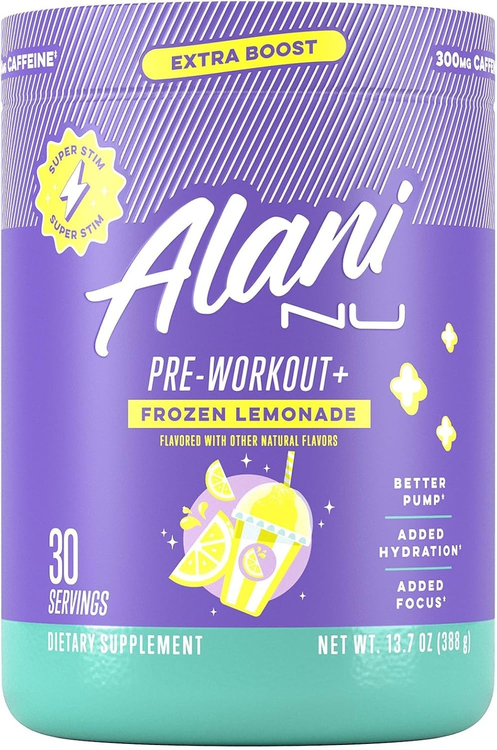 Pre Workout+ Powder Frozen Lemonade, Extra Boost, Sugar Free, 300mg Caffeine,…