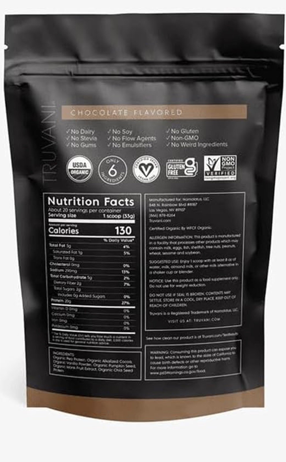 2 bags of Truvani Vegan Protein Powder Chocolate 1.5lb Organic Plant Based