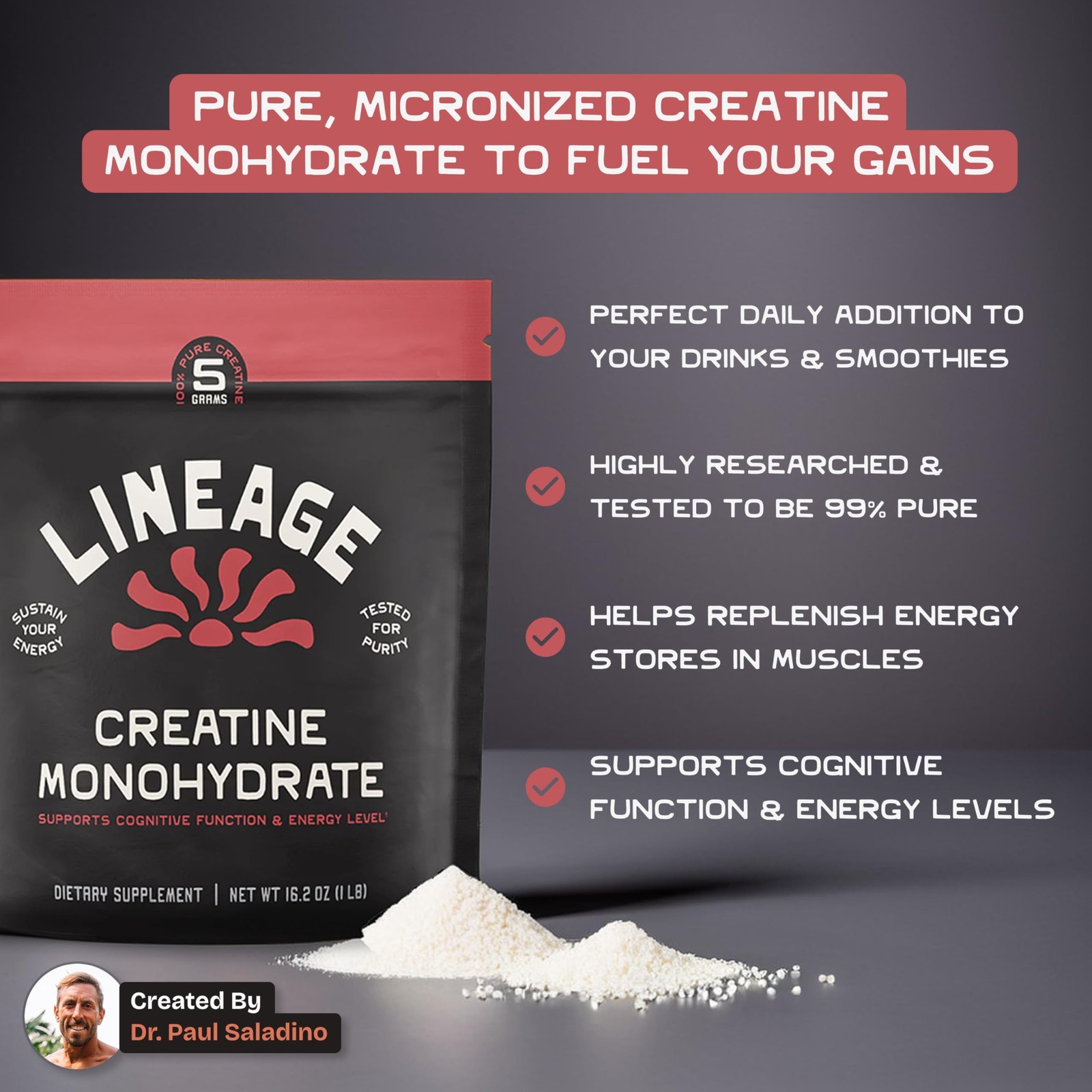Lineage Provisions Micronized Creatine Monohydrate 1.03 Pound (Pack of 1)