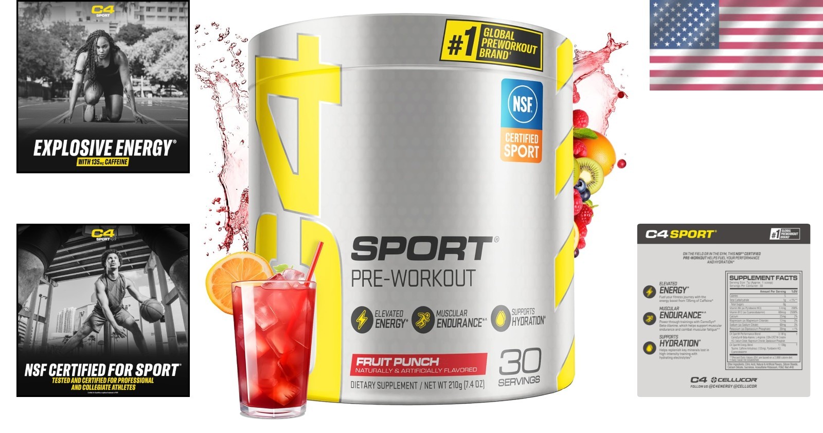 C4 Sport Fruit Punch Flavor Pre-Workout Supplement – NSF Certified, 30 Servings