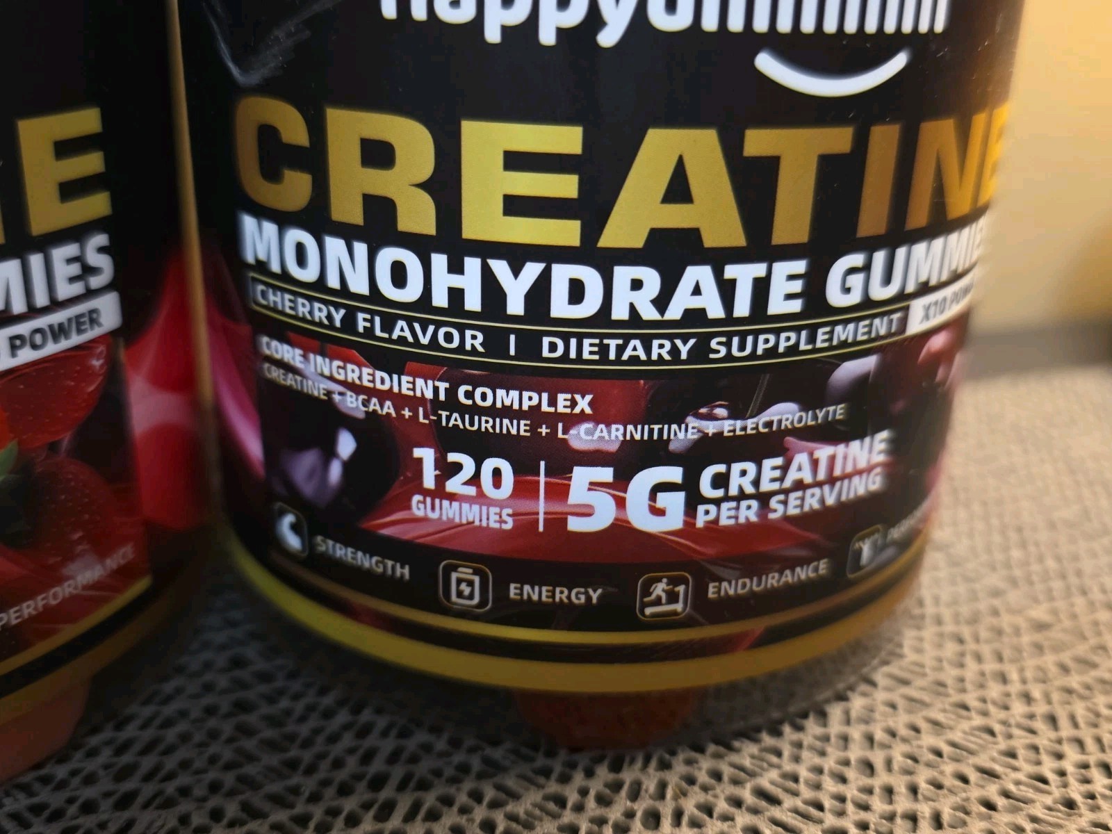 Happyummmm Creatine Monohydrate Gummies, 2 Pack, 1 Stawberry, 1 Cherry