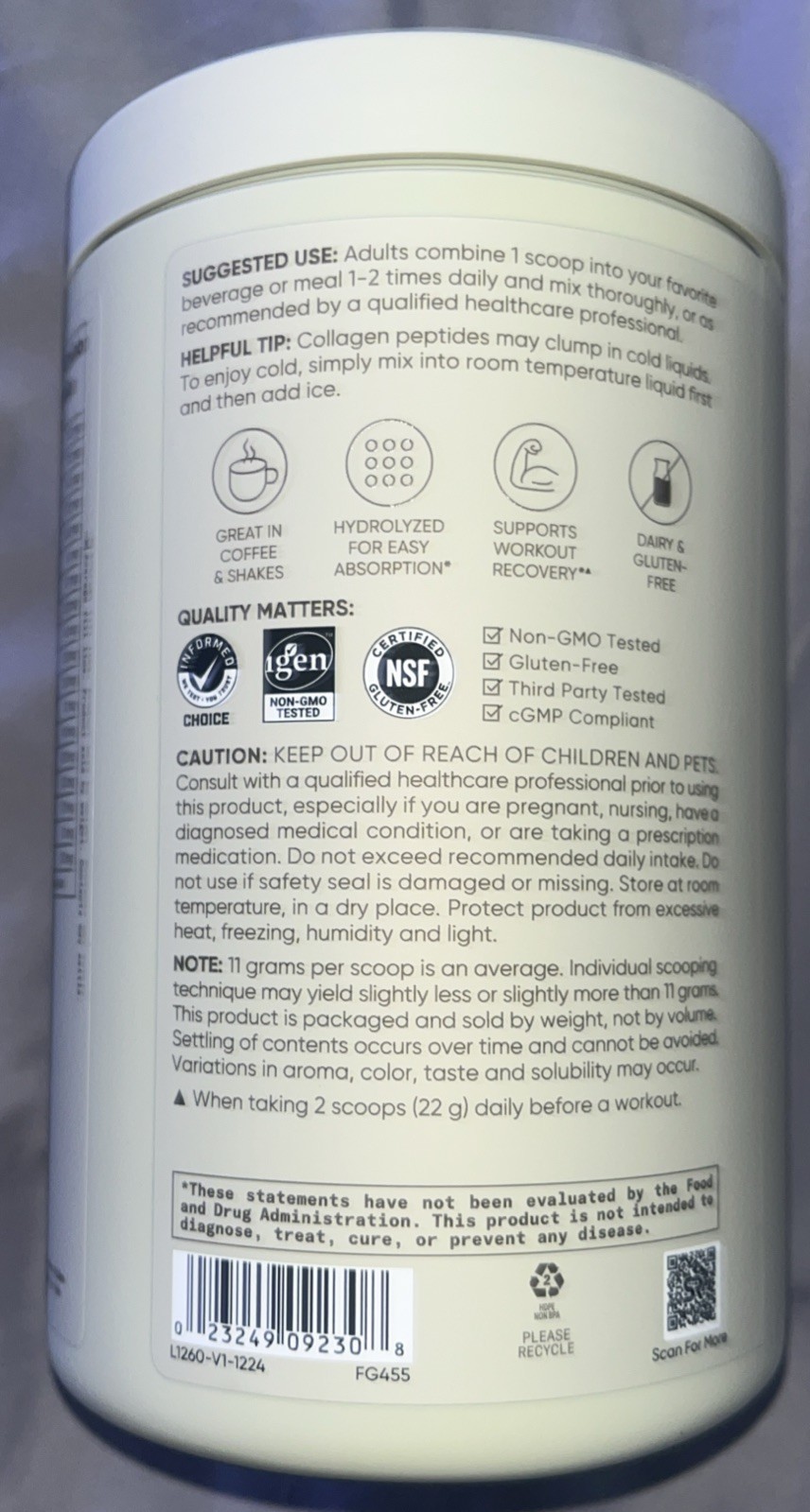 SPORTS RESEARCH HYDROLYZED COLLAGEN PEPTIDES GLUTEN FREE 18 OZ 1.12 LB 510 GRAMS