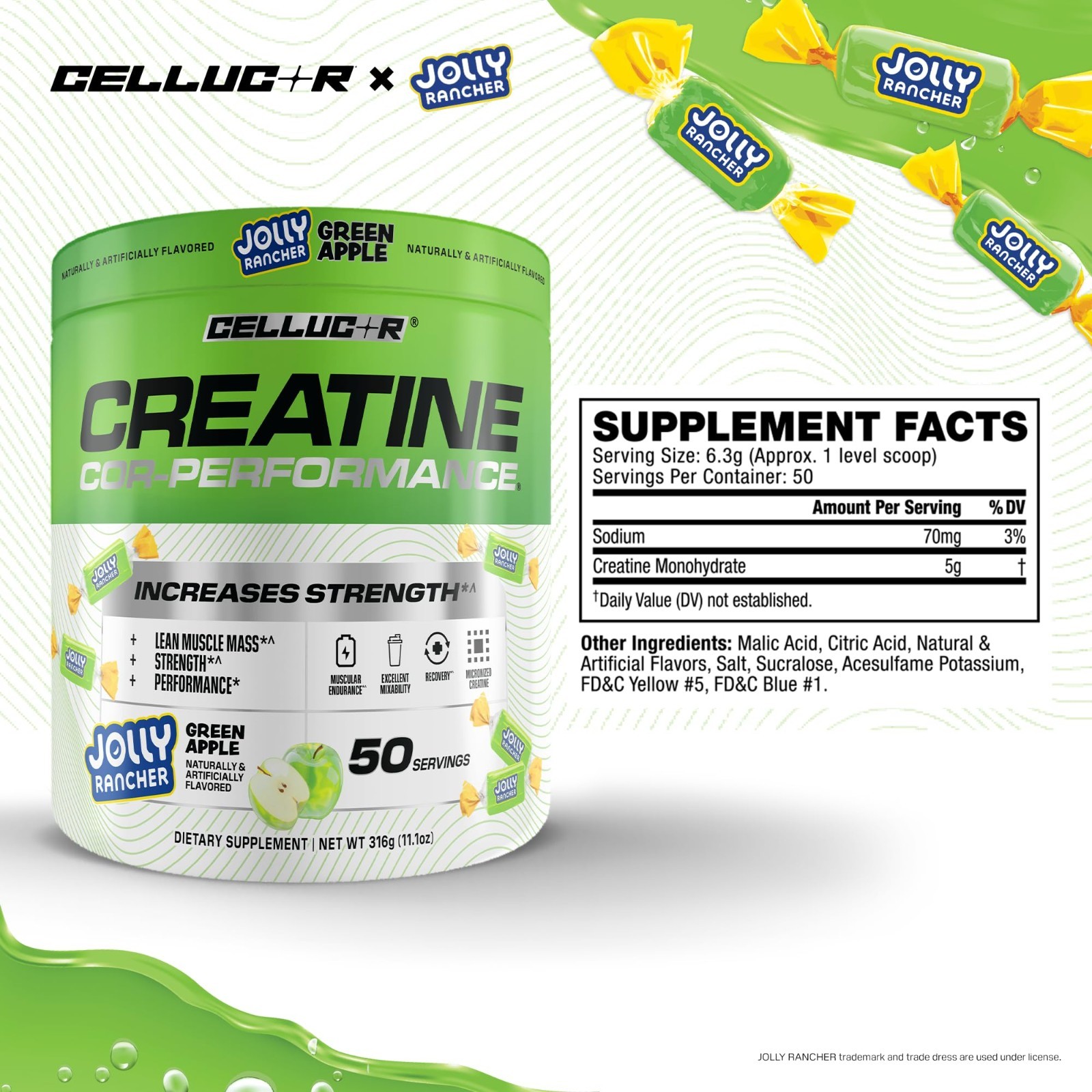 Creatine Powder – Jolly Rancher Green Apple Flavor, Boost Strength & Endurance,