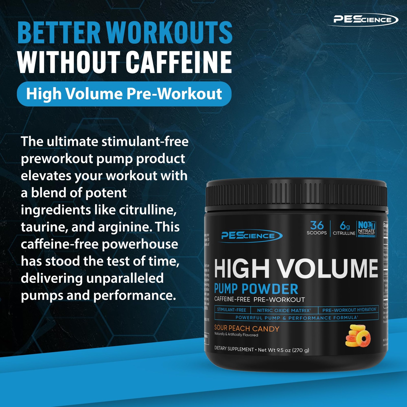 Sour Peach Candy Non Stim Pre Workout Supplement 8.9 Ounces Nitric Oxide Boost
