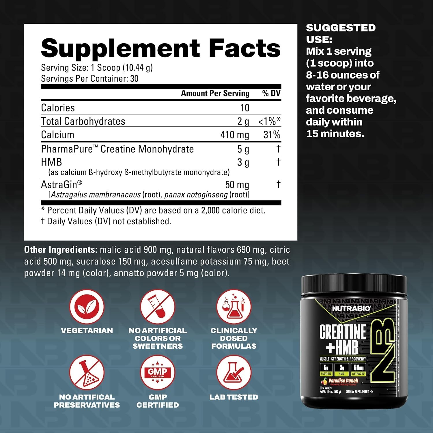 NutraBio Creatine + HMB- Creatine Monohydrate with HMB Powder for Muscle Growth