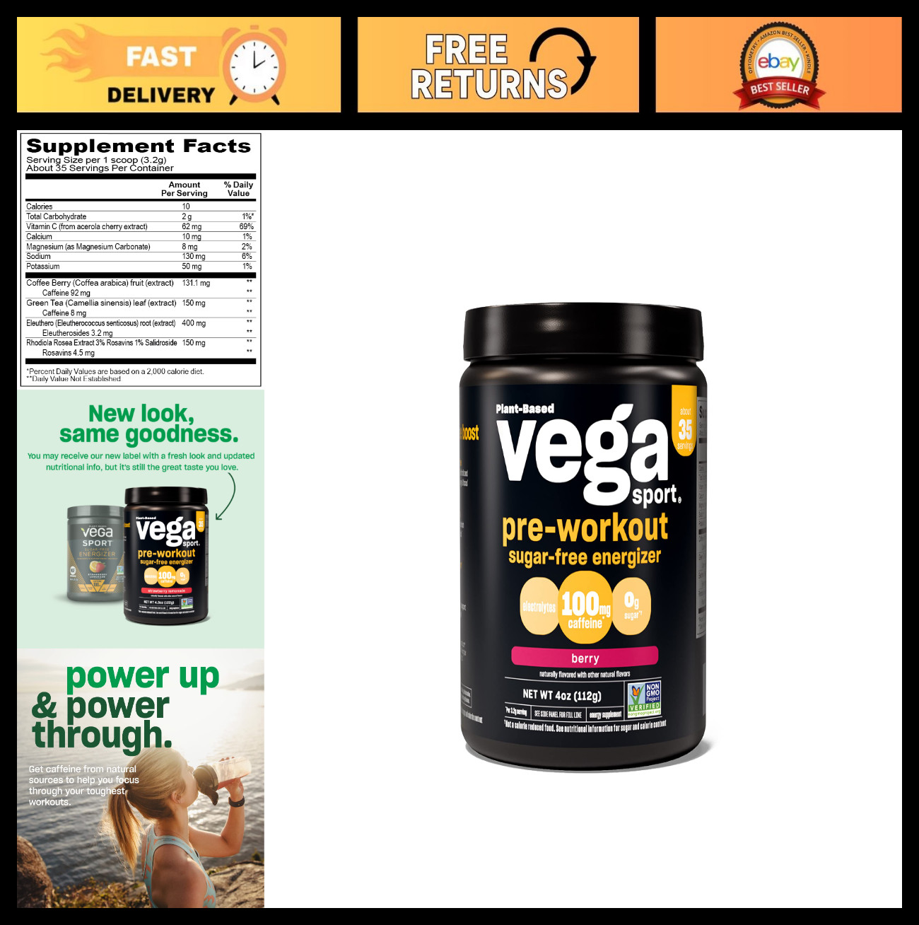 Sugar Free Pre-Workout Powder Energizer – Berry Flavor, Vegan, Keto, Gluten Free