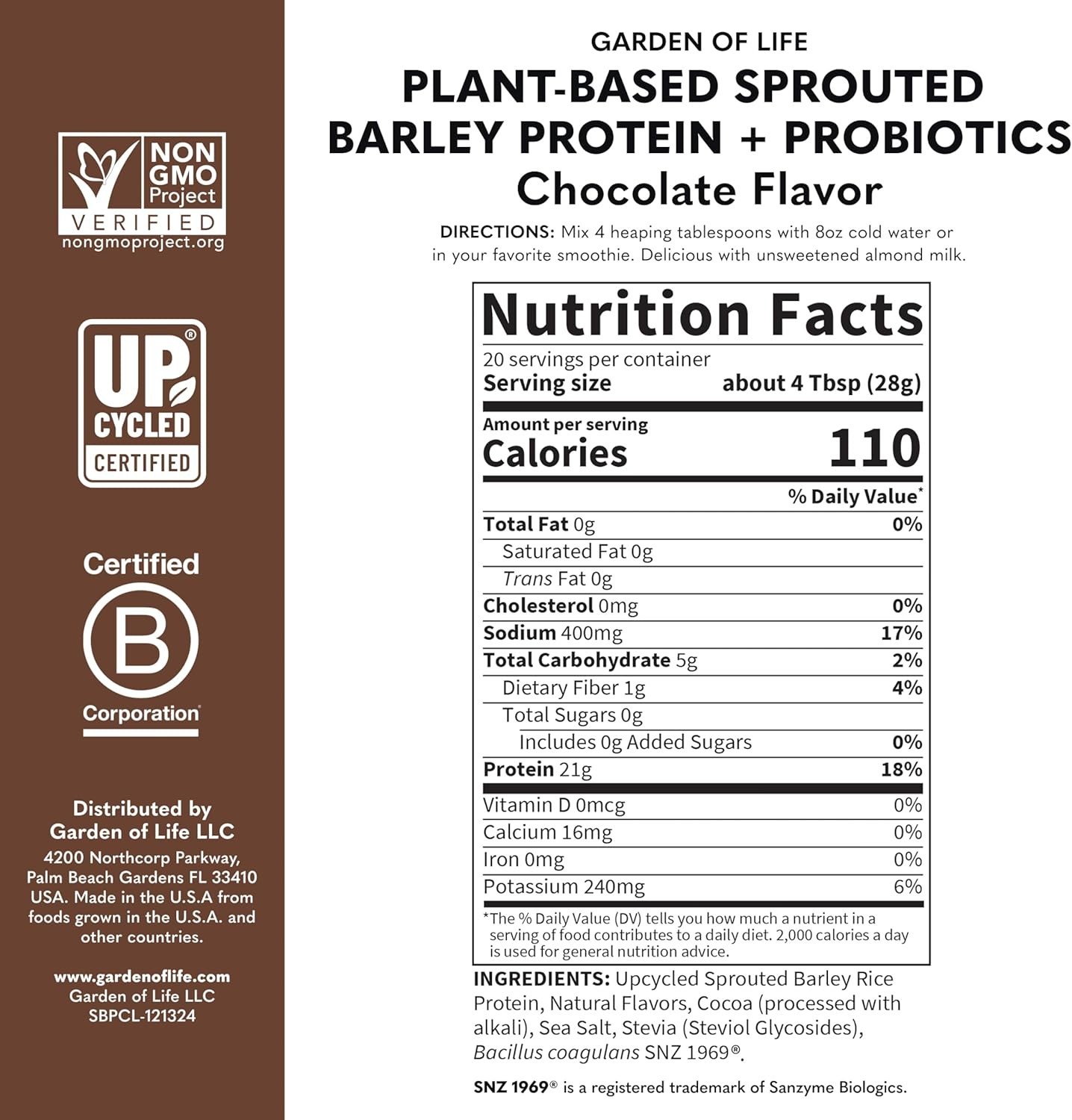 Plant-Based Sprouted Barley Protein, Chocolate with 21g Protein, 0g Sugar & C…