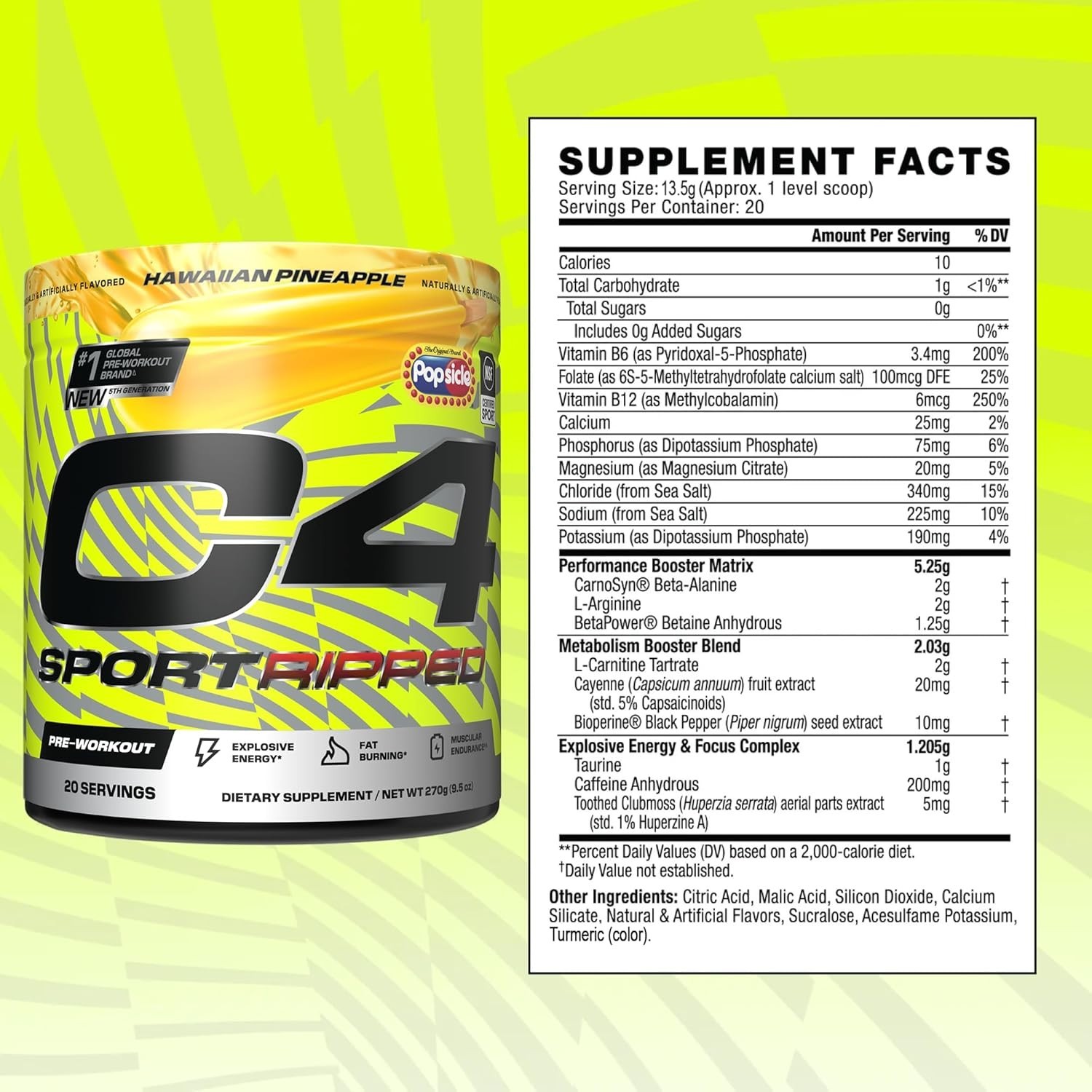 NSF Certified Pre Workout Powder – Ripped Sport with 200mg Caffeine, 20 Servings