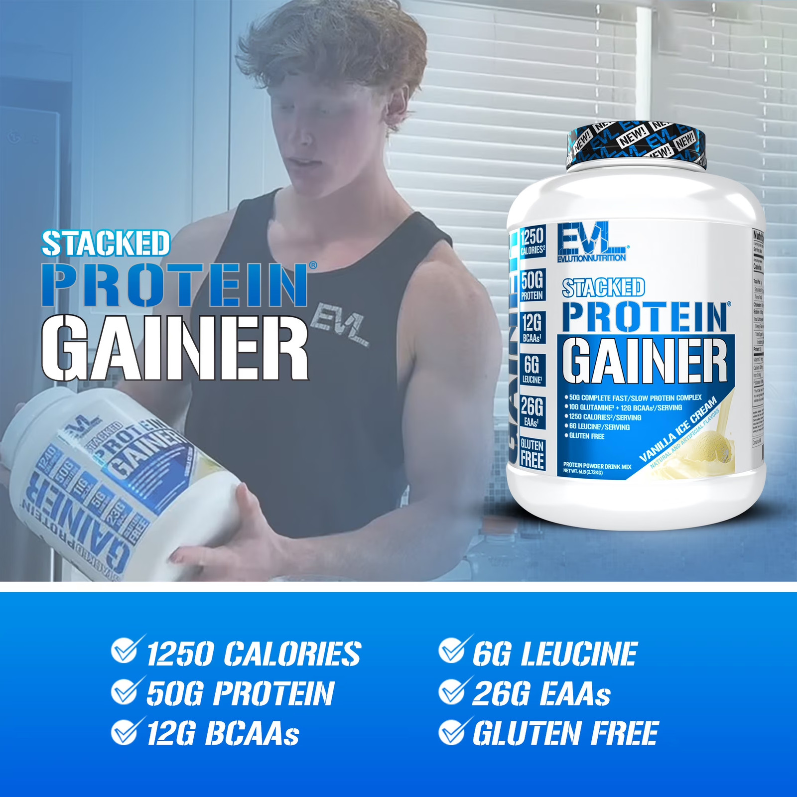 Stacked Protein Gainer, 50 Grams Whey Protein Powder Complex, 250 Grams Carbohyd