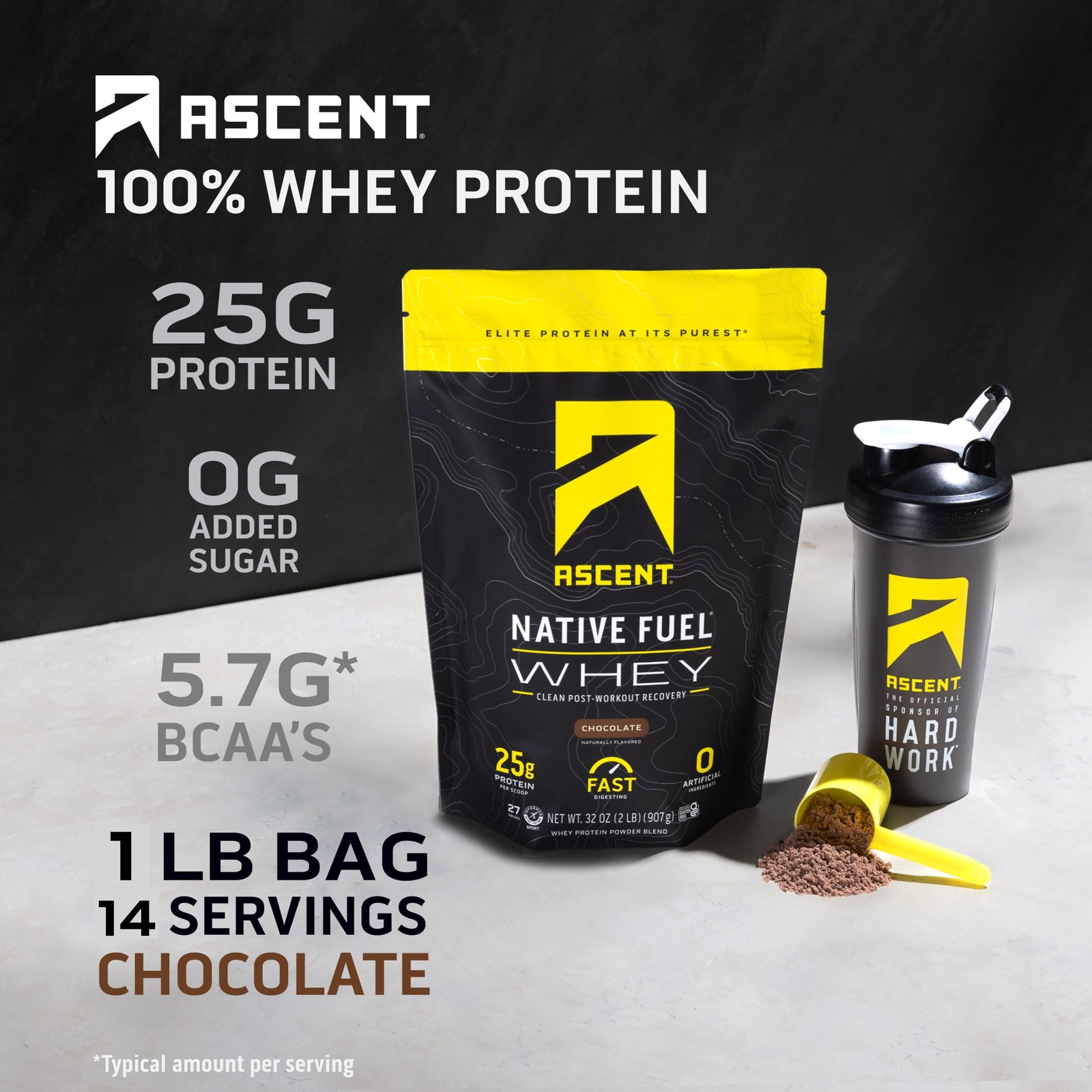 Ascent Native Whey Protein Powder Blend, Chocolate, 1 lb