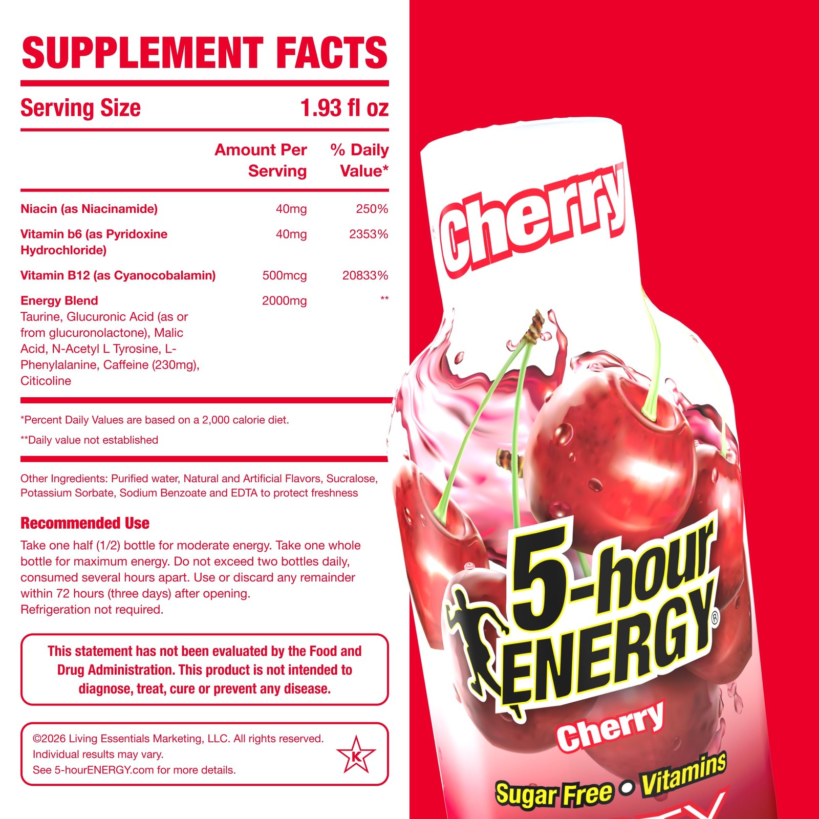 5-hour ENERGY CHERRY Flavor, 20 Count, 1.93 Fl Oz 20 Bottles – Single Flavor