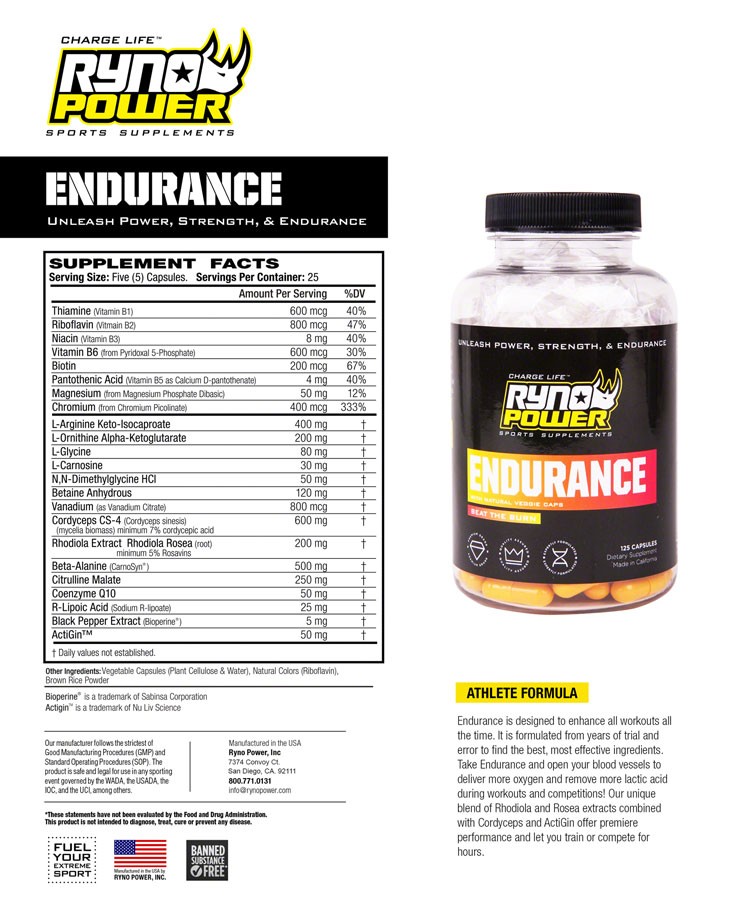 Ryno Power Endurance Supplement – 25 Servings, 125 capsules