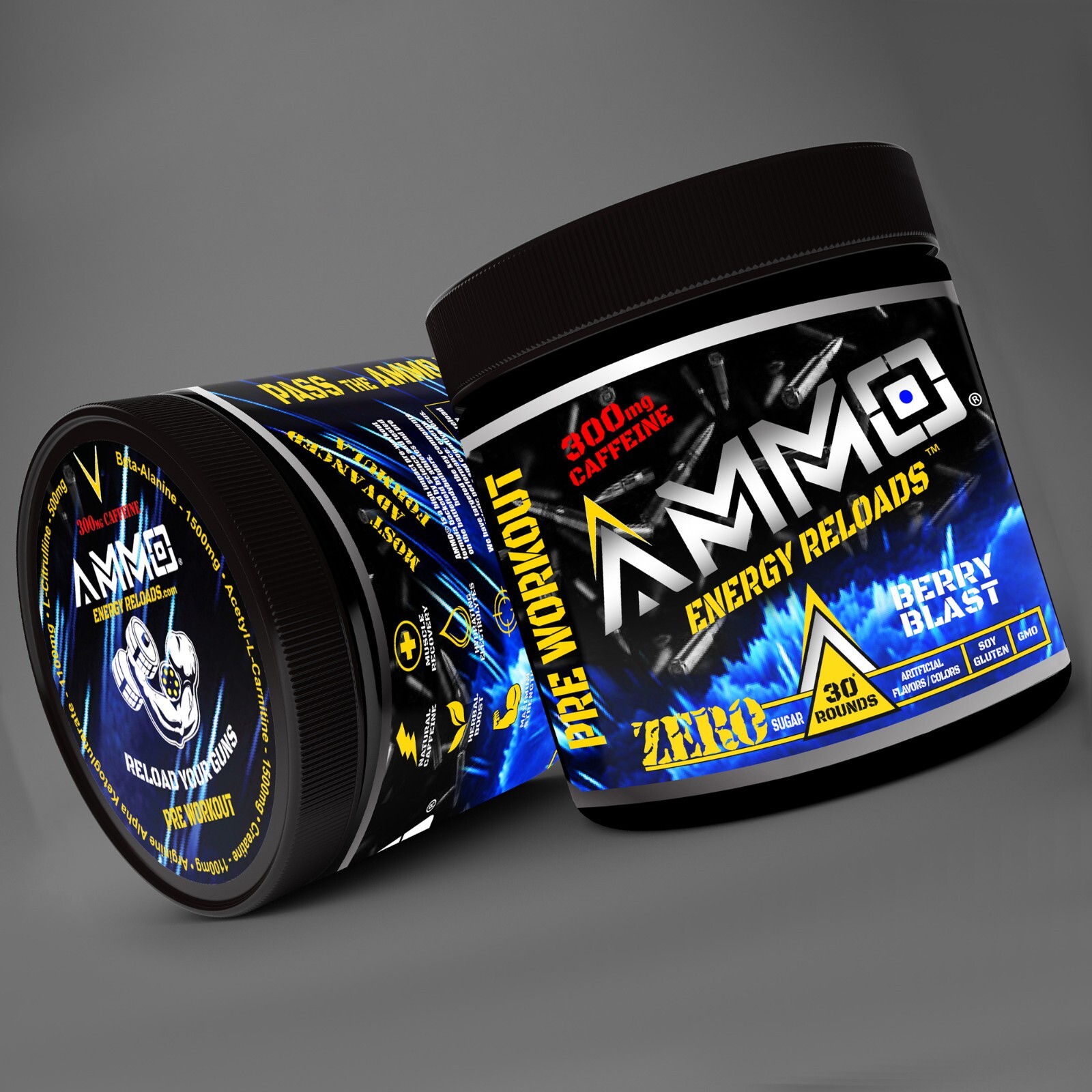 AMMO ® Energy Reloads Pre-Workout powder Berry ALL Natural NO Sugar 30 servings