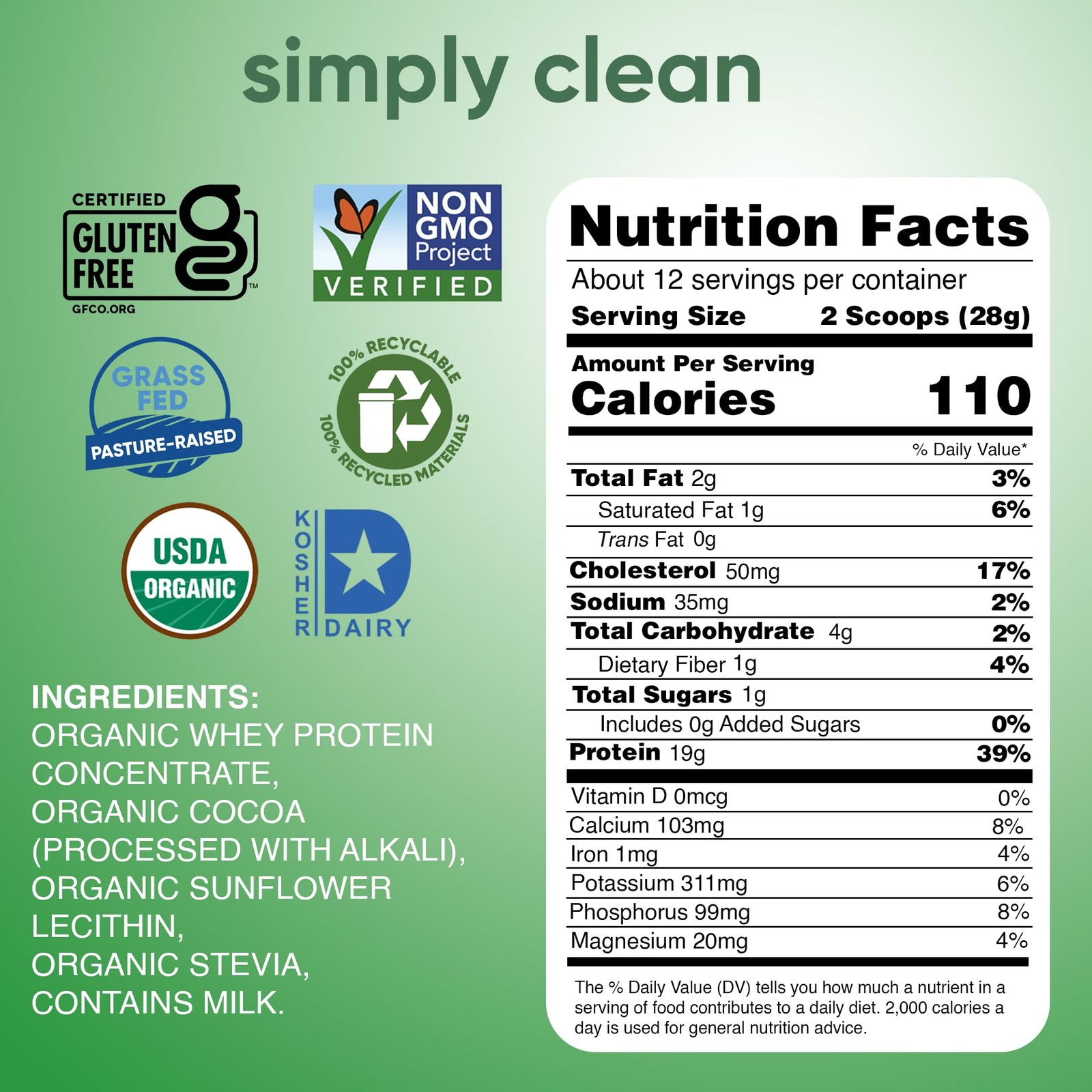 Simply Tera’s Organic Grass-Fed Whey Protein Powder, Dark Chocolate, 12 oz