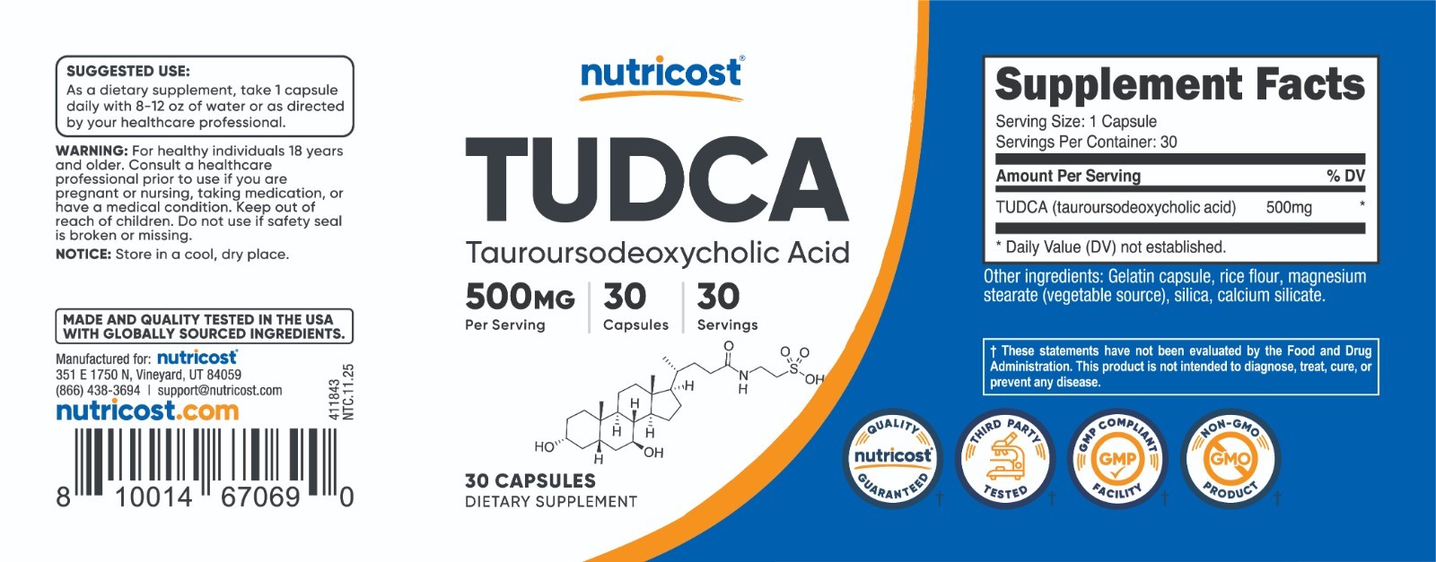 Nutricost Tudca 500mg, 30 Capsules (Tauroursodeoxycholic Acid) – Gluten Free