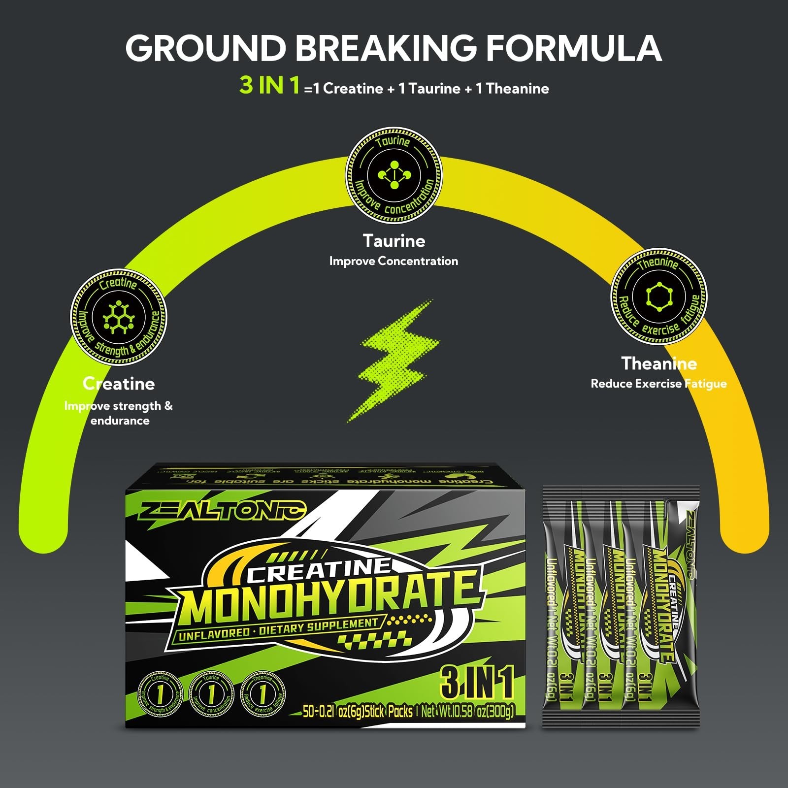 5000mg Micronized Creatine Monohydrate Powder Sticks, 800mg Taurine, 200mg L-The