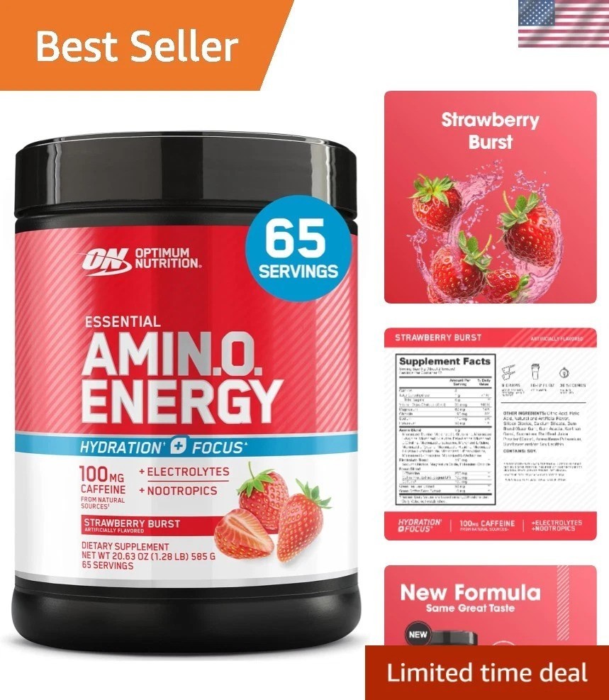Amino Energy Powder Plus Focus, with BCAA, Electrolytes, and Caffeine, Strawb…