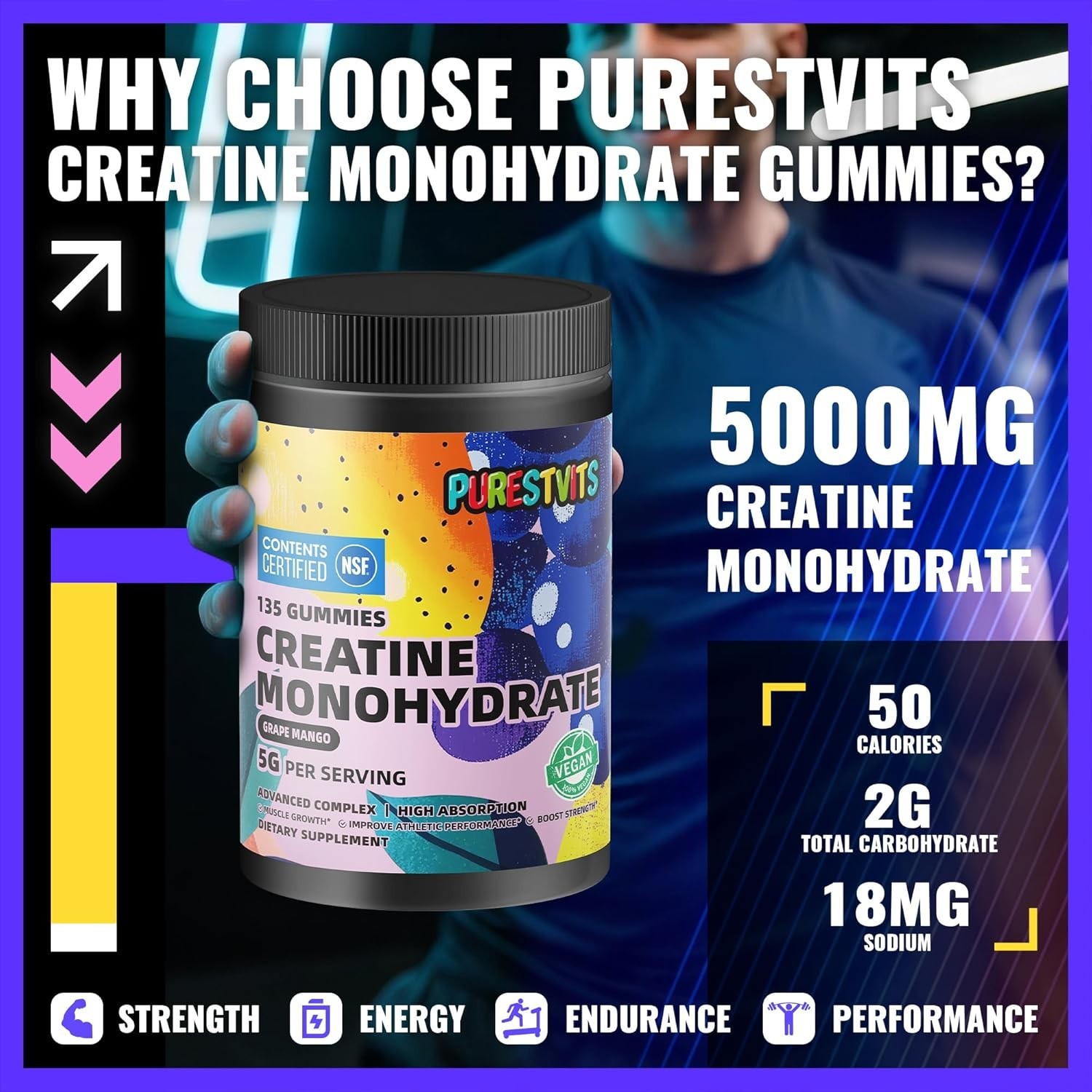 Delicious Muscle Growth Gummies – 5g Creatine Monohydrate, 135 Count, Sugar-Free