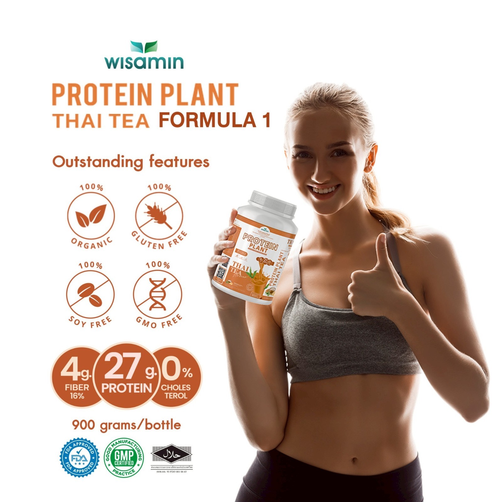 WISAMIN Plant Protein Powder Thai Tea Flavor 900g | 27g Protein Organic Non GMO