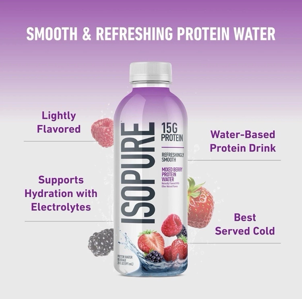 Isopure Clear Protein Water w/ Electrolytes, 15g Whey – Mixed Berry, 12 Pack