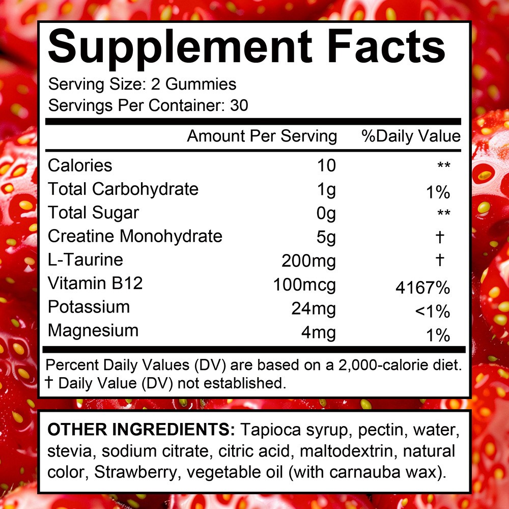 Strawberry Flavor Creatine Monohydrate Gummies, 30-Day Supply, 60 Gummies