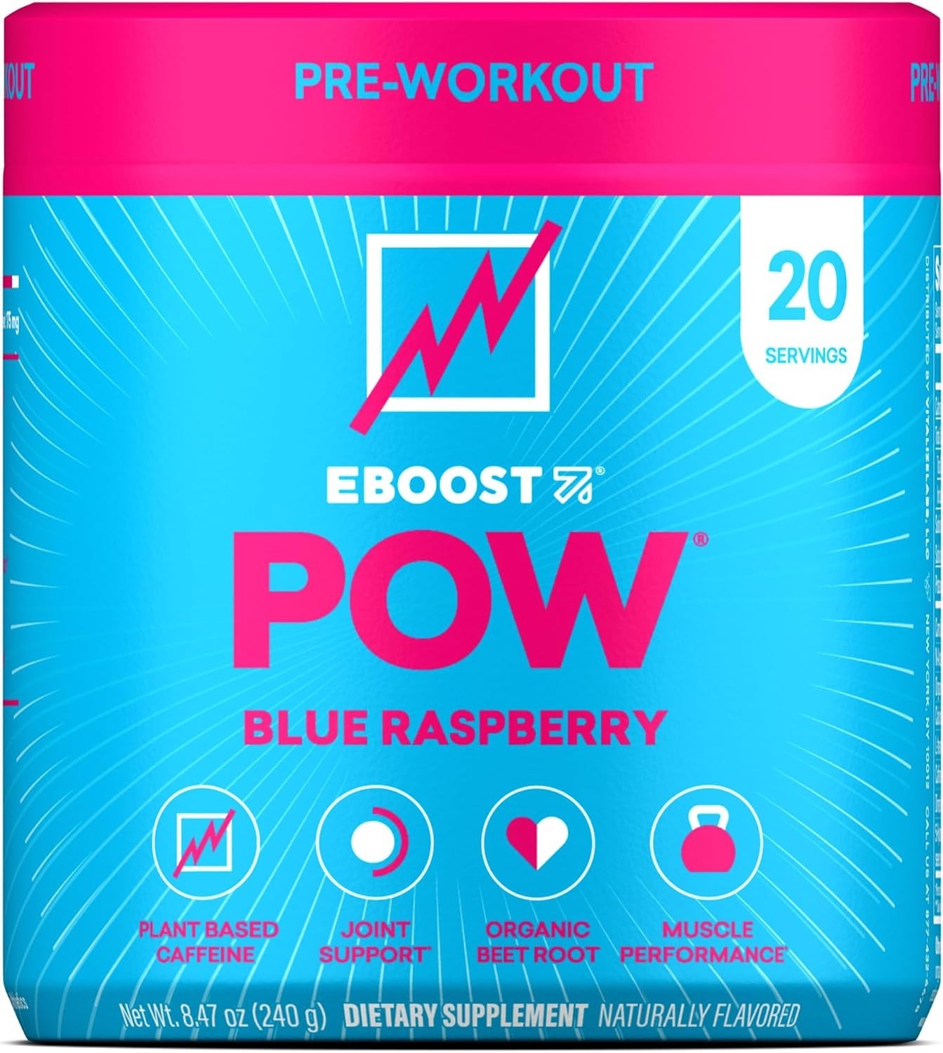 EBOOST POW Natural Pre Workout Powder, Blue Raspberry, Energy Support, 20 Servs