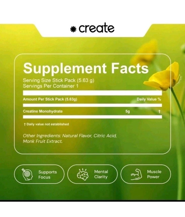 Create Creatine Monohydrate Powder Unflavored 30ct On-The-Go Stick Packs 08/2027