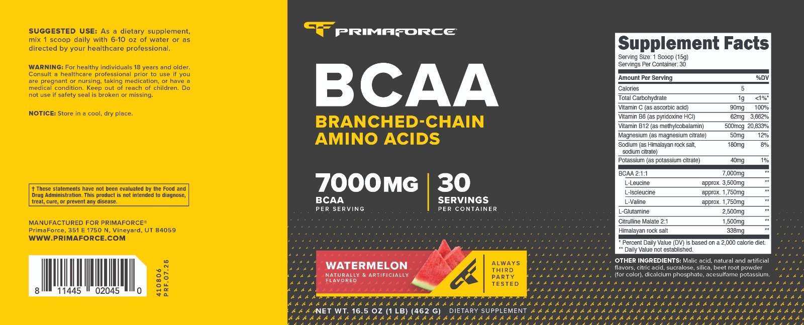 Primaforce BCAA Powder (Watermelon) – 7000mg 2:1:1 BCAAs, Post-Workout Recovery