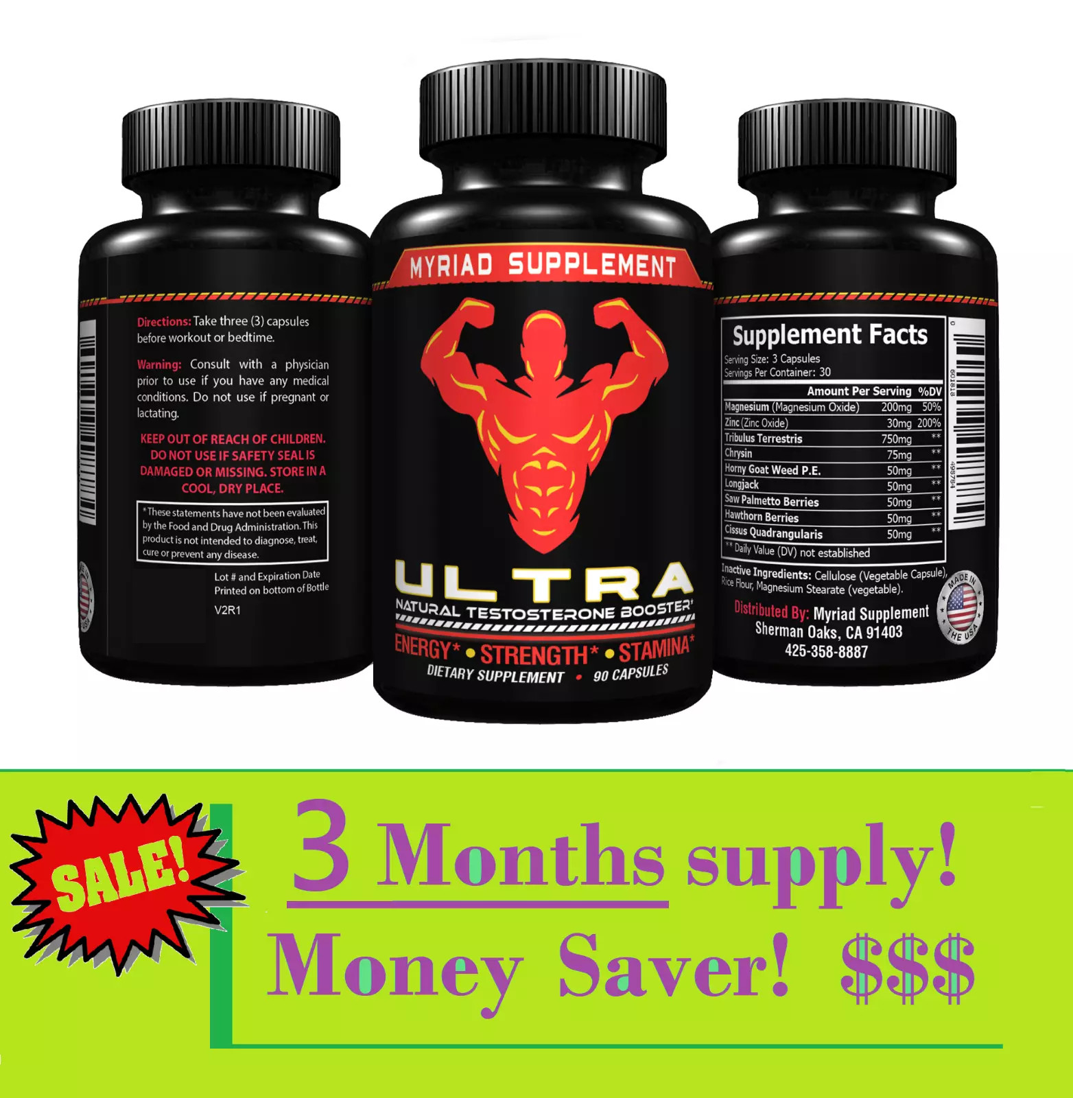 3 X Ultra Testosterone Booster 90 Caplets WEIGHT LOSS + ENERGY + ENHANCED FOCUS