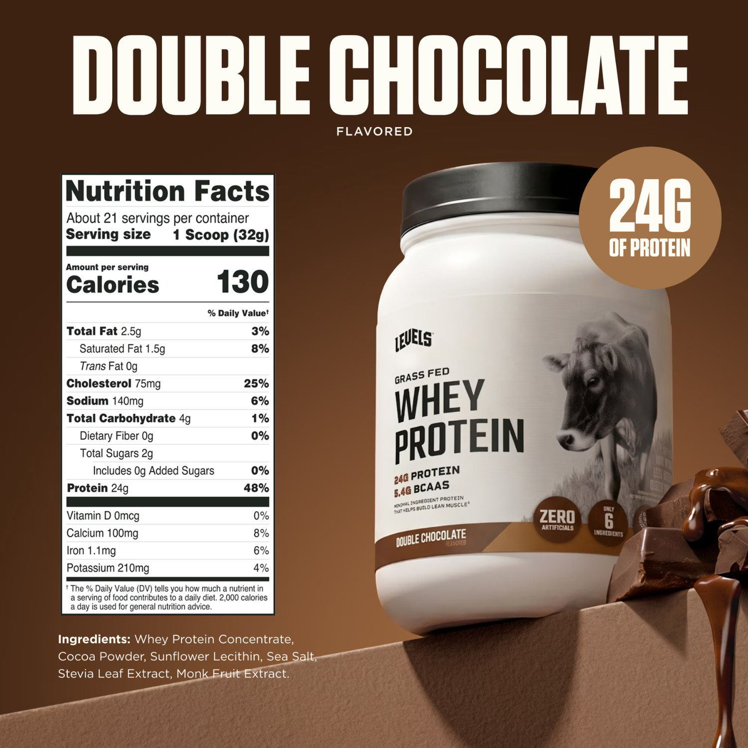 Levels Grass Fed Whey Protein Powder Double Chocolate 24g Protein 1.48 lb