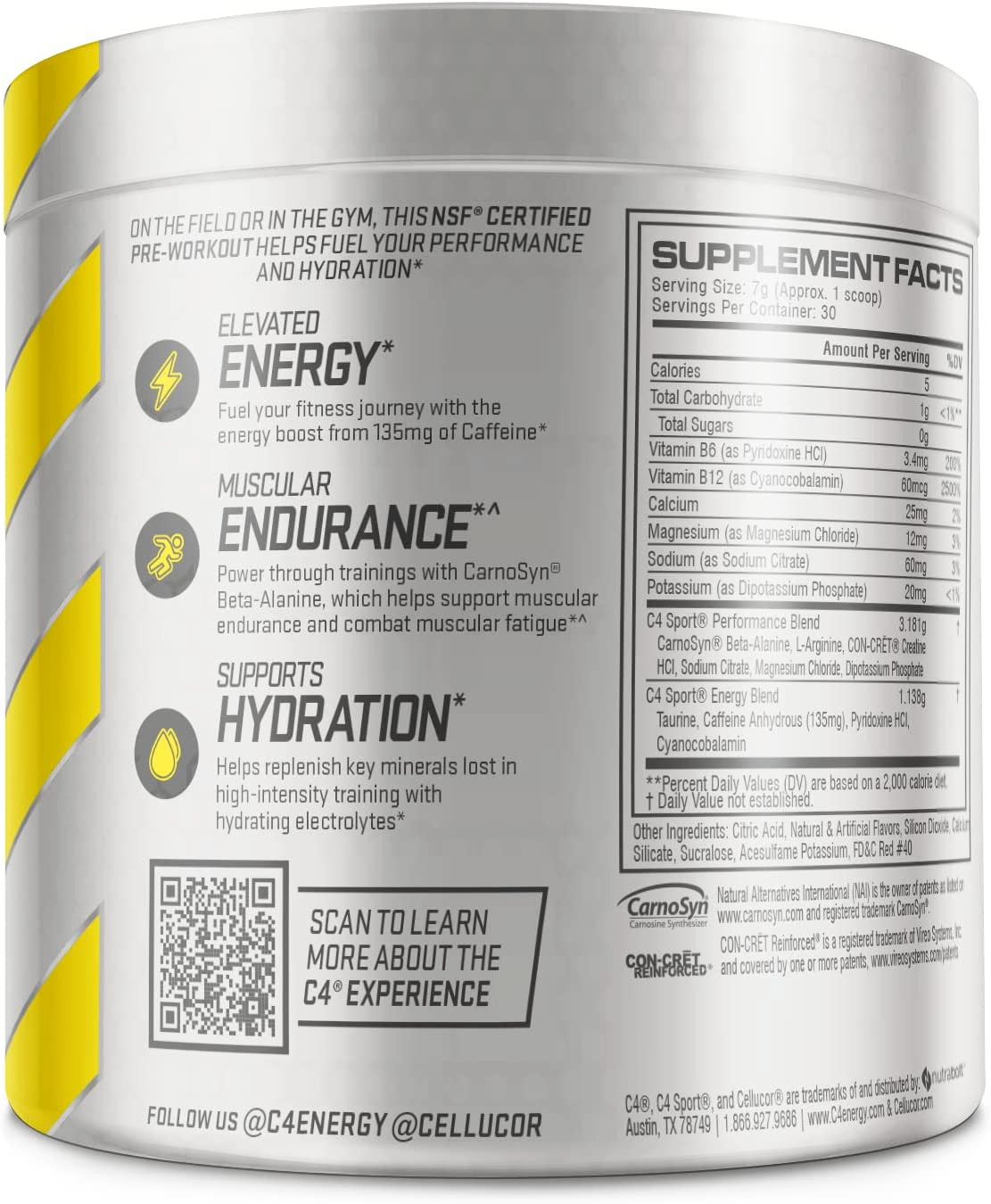 2 CANs -Cellucor C4 Sport Pre Workout Powder Fruit NSF Certified Sport, 30x2srv