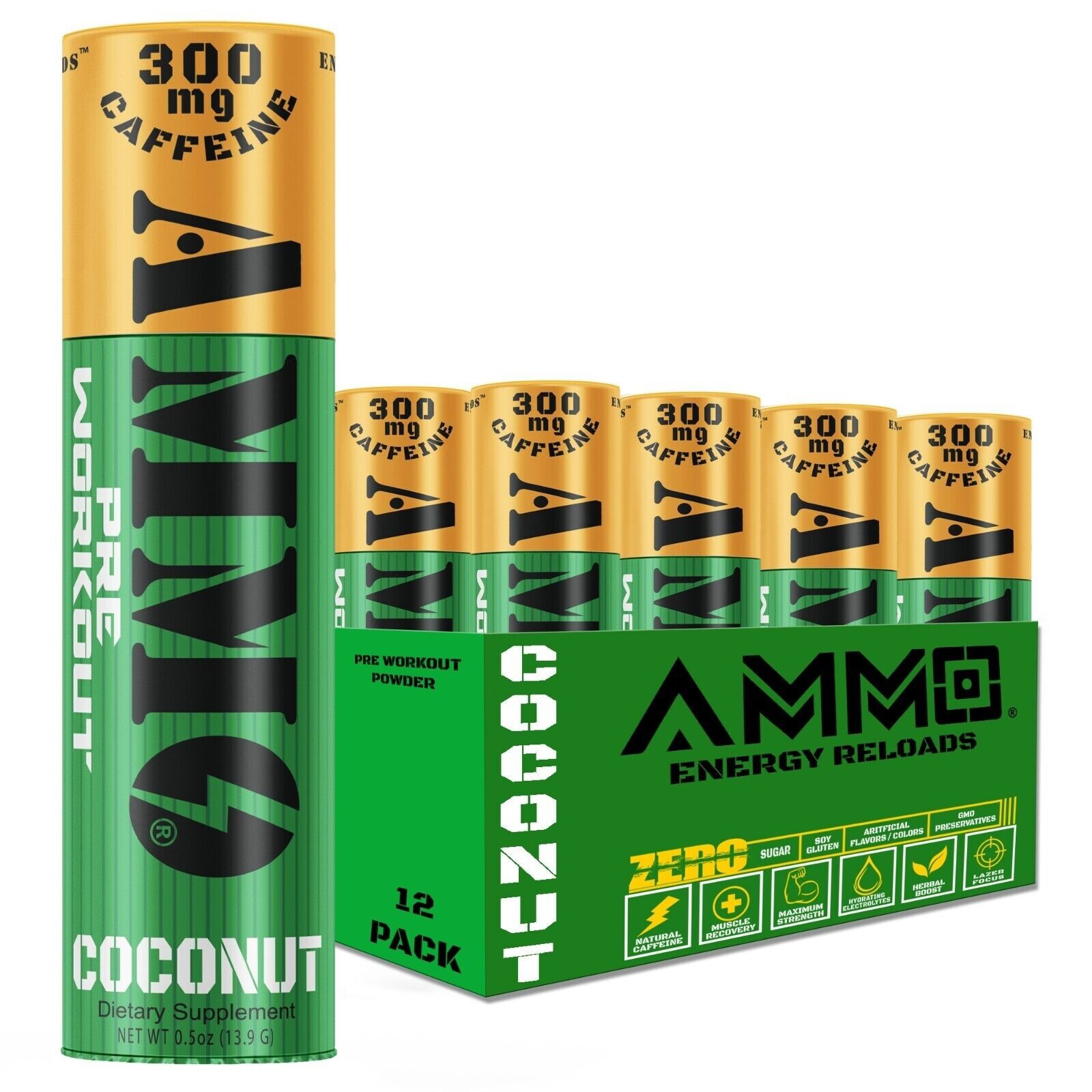 AmmoShots Energy drink powder Coconut 12ct pre workout 300mg Caffeine Zero Sugar