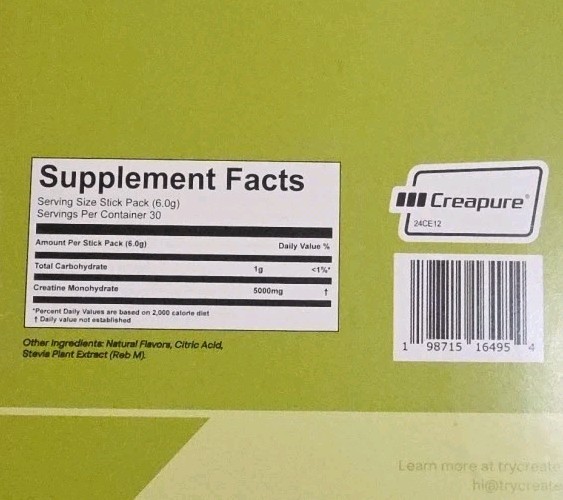 Create Creatine Monohydrate Powder Lemon Lime Dietary Supplement 30 sticks NEW