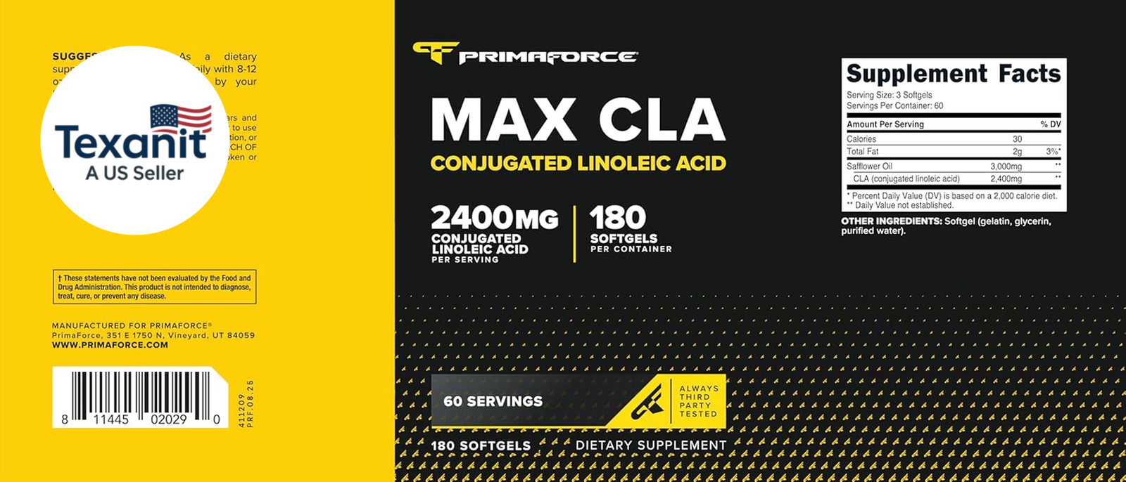 CLA 2400 Mg per Serving (180 Softgels) – Max CLA – for Men and Women, Non-Stimul