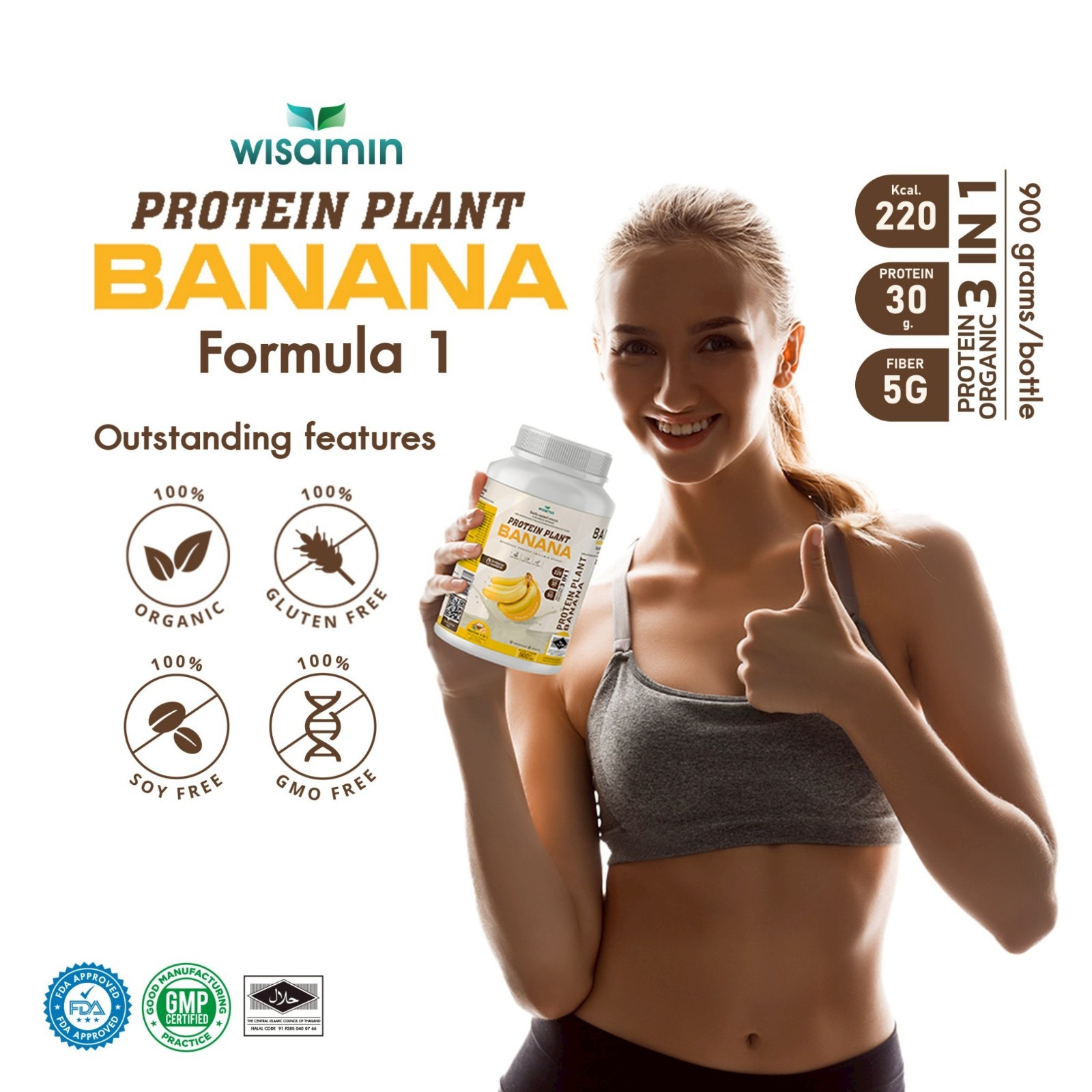 WISAMIN Plant Protein Powder Banana Flavor 900g | 30g Protein, Organic, Non GMO