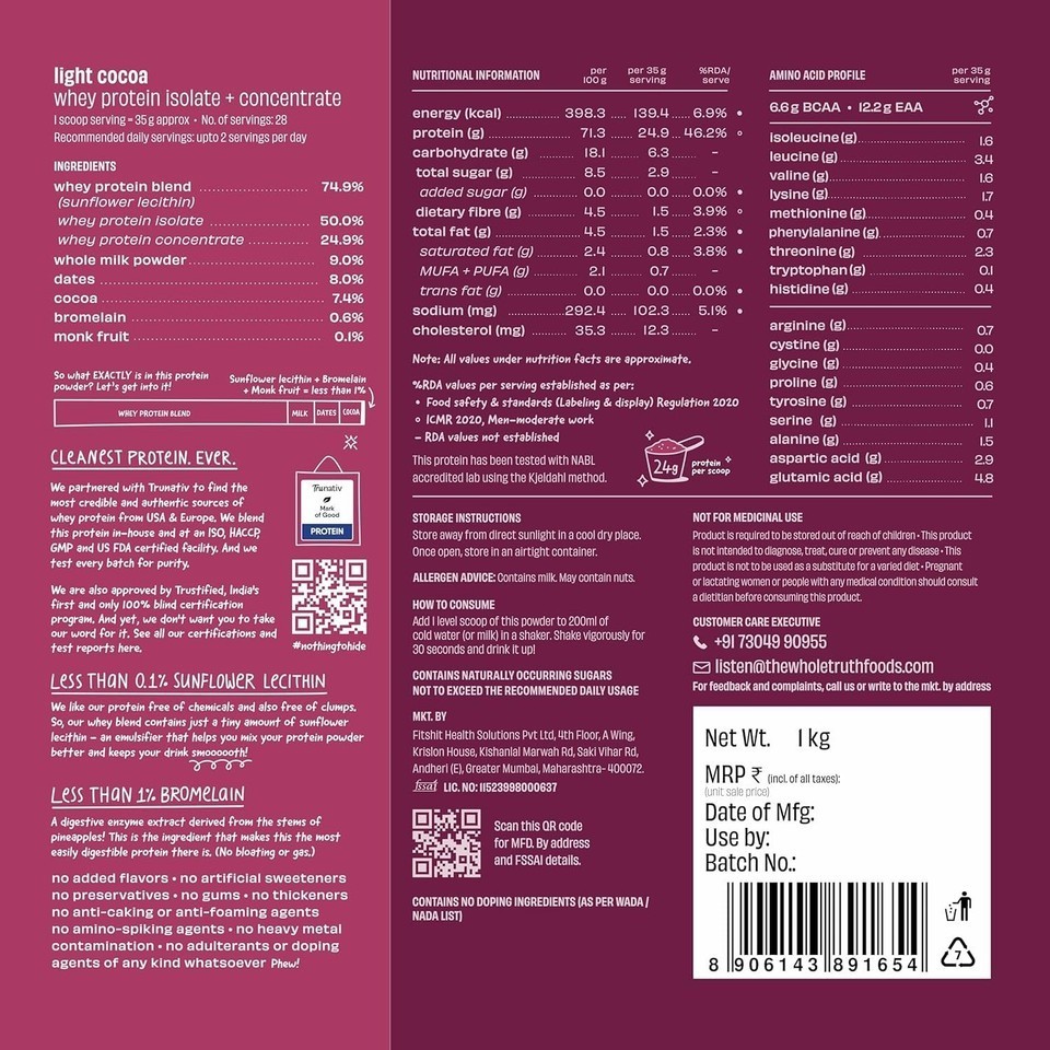 The Whole Truth Whey Protein Isolate+Concentrate Light Cocoa 1 kg Easy to Digest