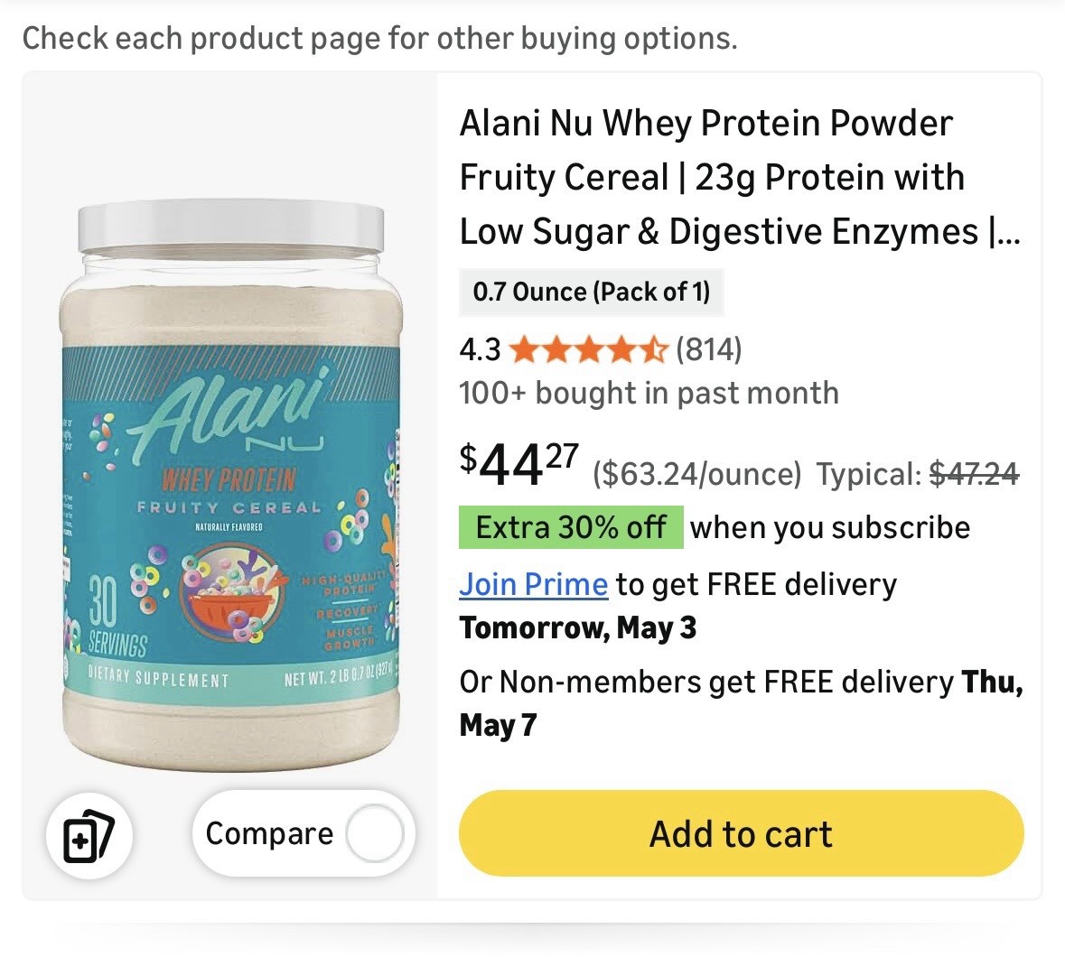 Alani Nu Whey Protein Powder Fruity Cereal 32.6 oz 30 Servings Low Sugar