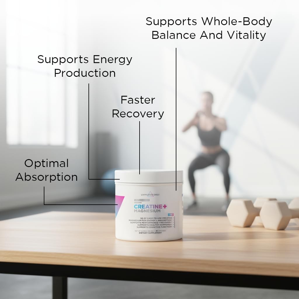 Livingood Daily Creatine + Magnesium Powder, Unflavored | 5g Micronized Creat…