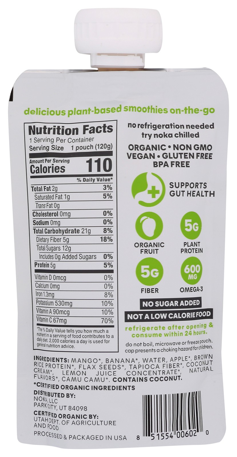 Noka Mango Coconut Superfood Smoothie With Prebiotic Fiber 4.22 Oz 6 Pack