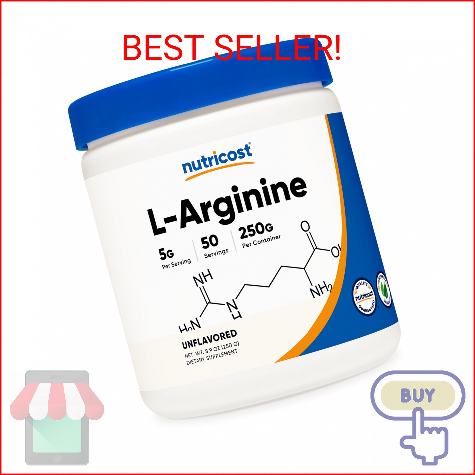 Nutricost L-Arginine (250 Grams) – Pure L-Arginine Powder – 5000mg Per Serving;