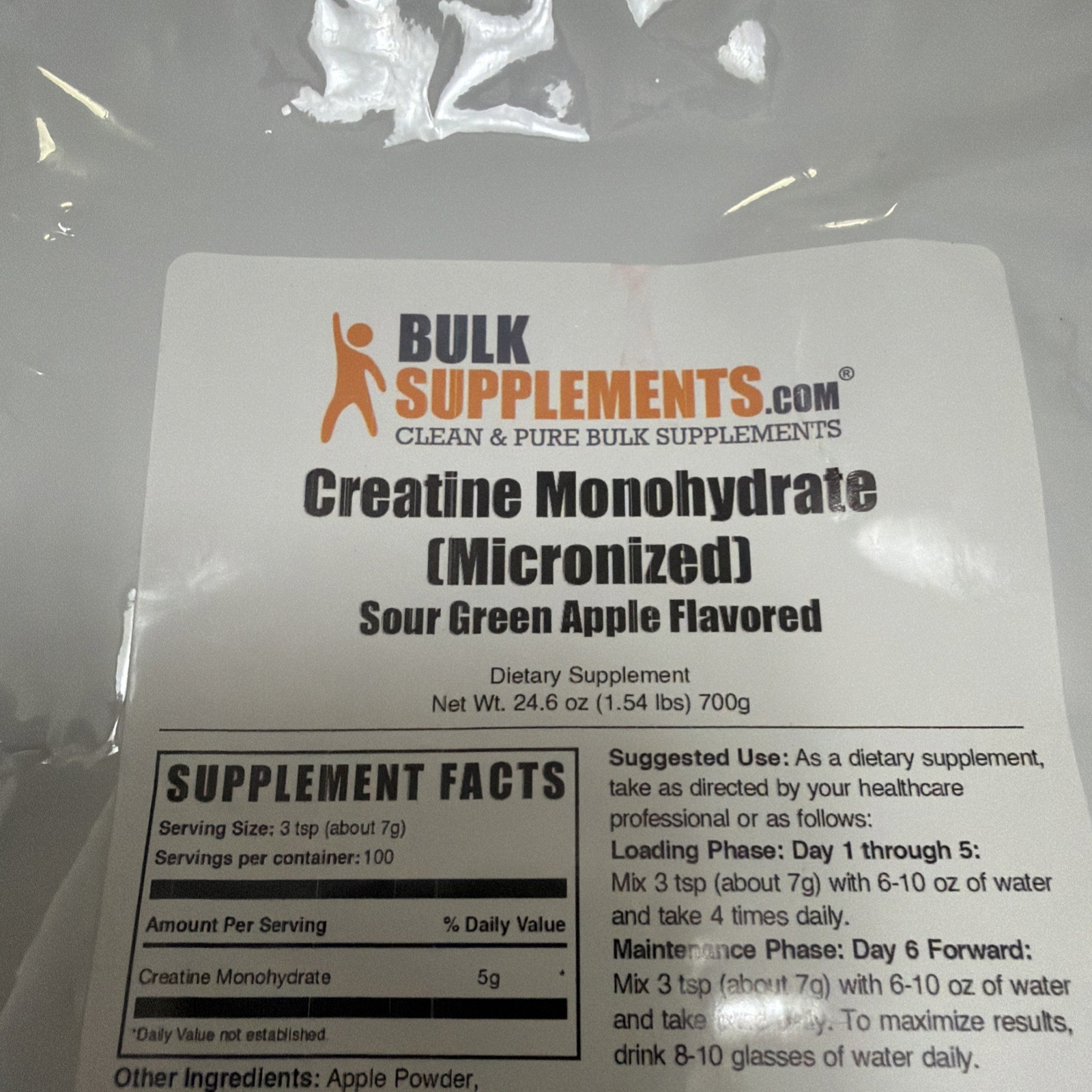Bulk Supplements Creatine Monohydrate Sour Green Apple Flavored 24.6oz BRAND NEW