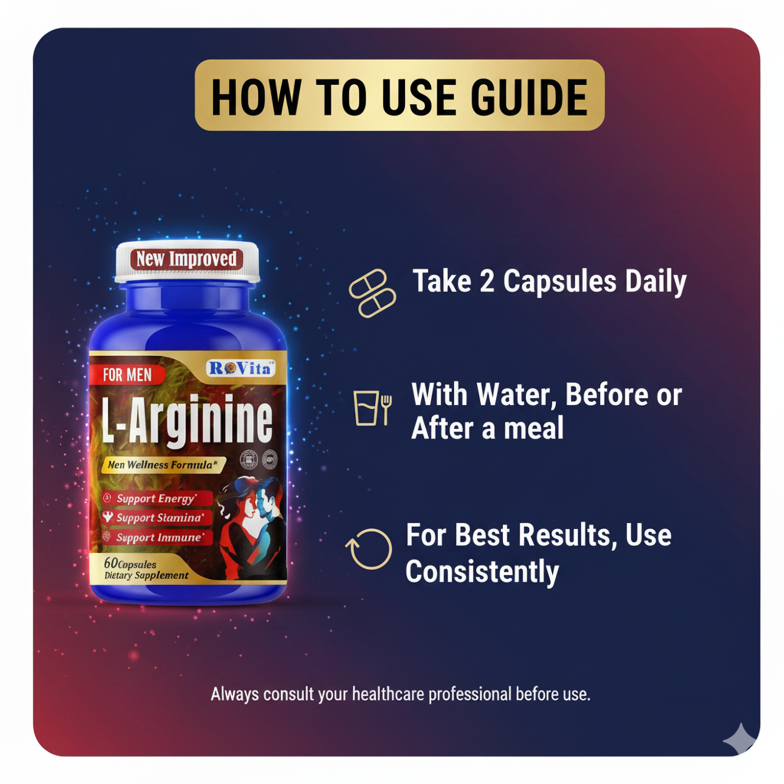 L-Arginine Capsules for Men – Nitric Oxide Booster Male Enhancement Formula 60C