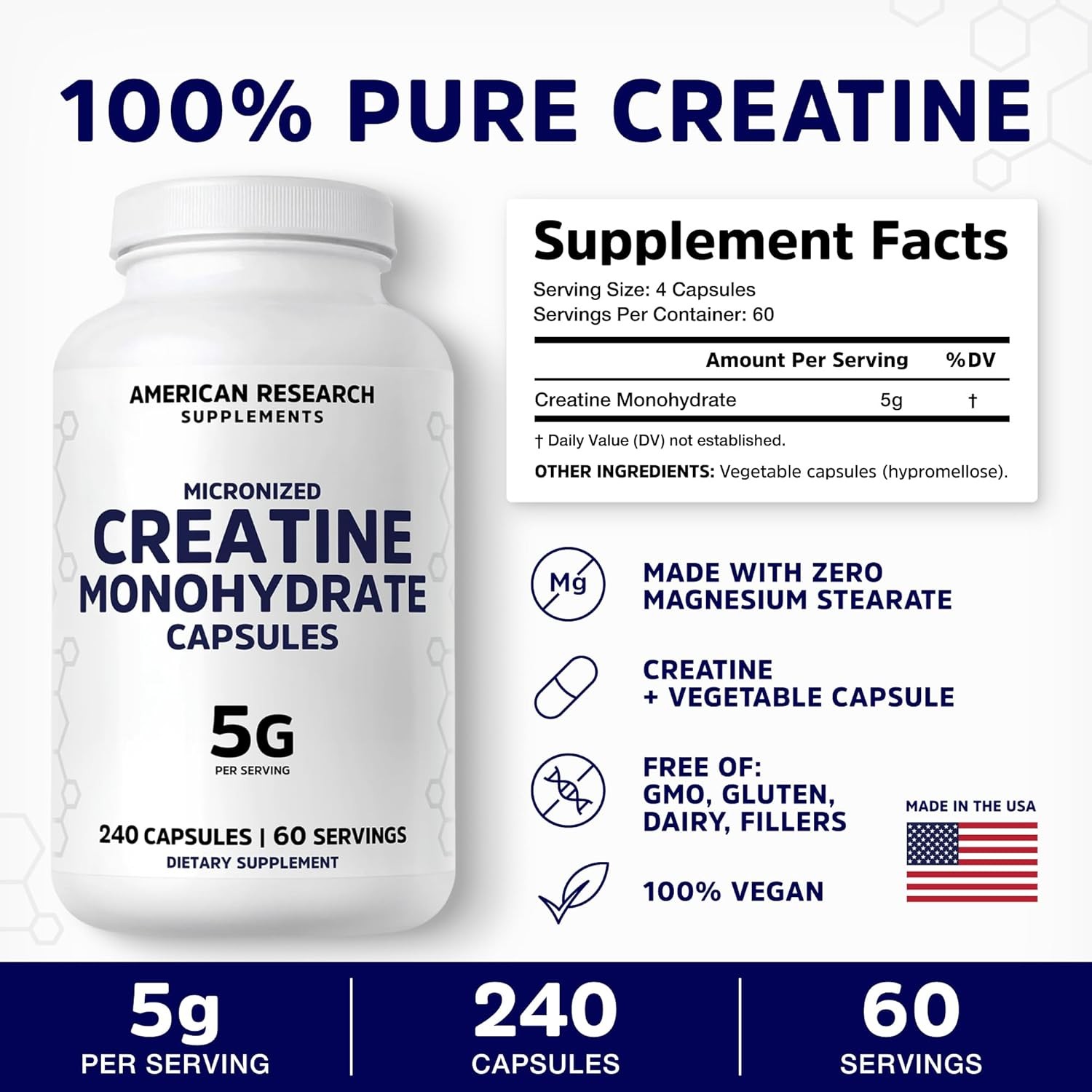 Creatine Monohydrate 5g Capsules 240 Count Vegan