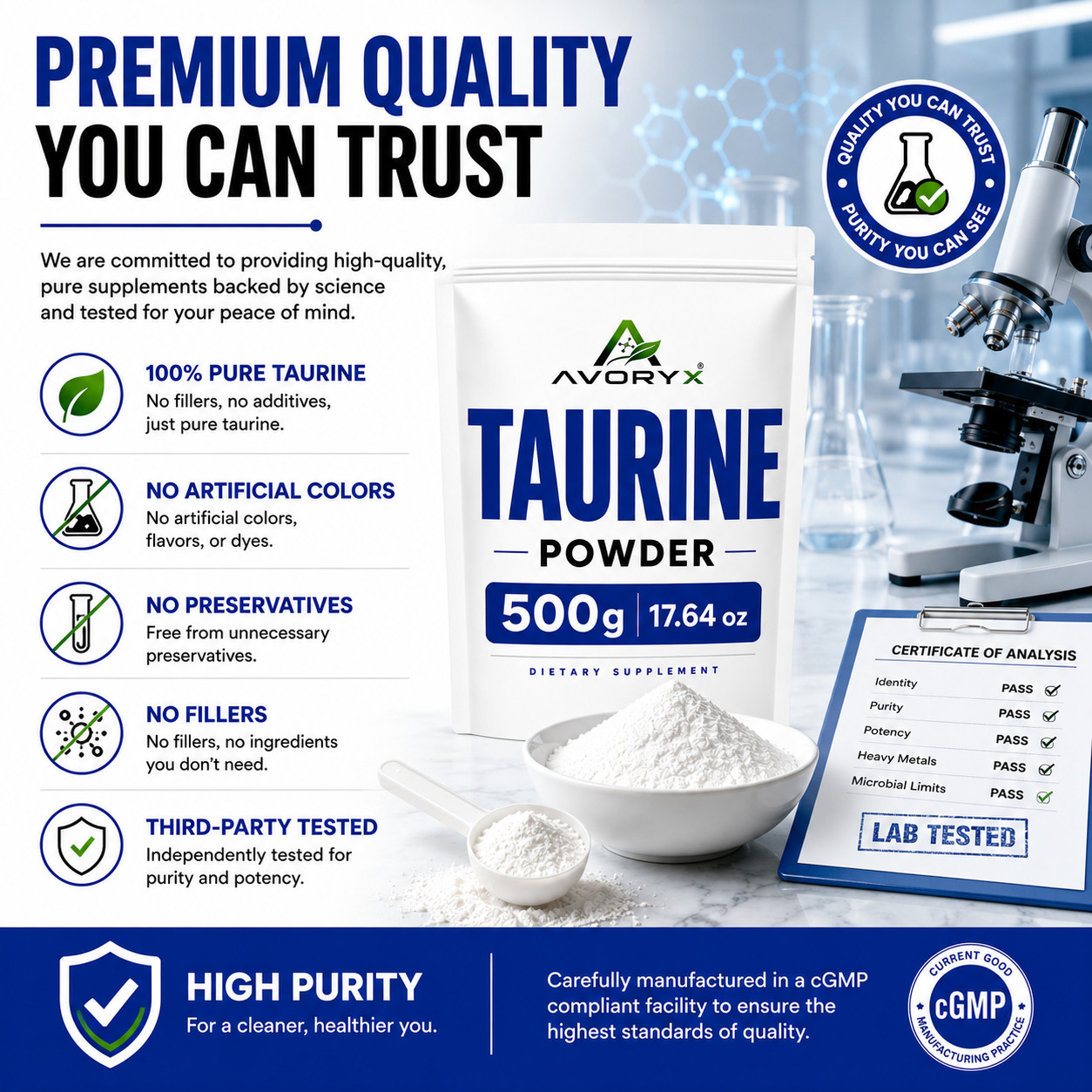 AVORYX Taurine Powder 500g (17.64 oz) Unflavored 100% Pure 2g Scoop Included