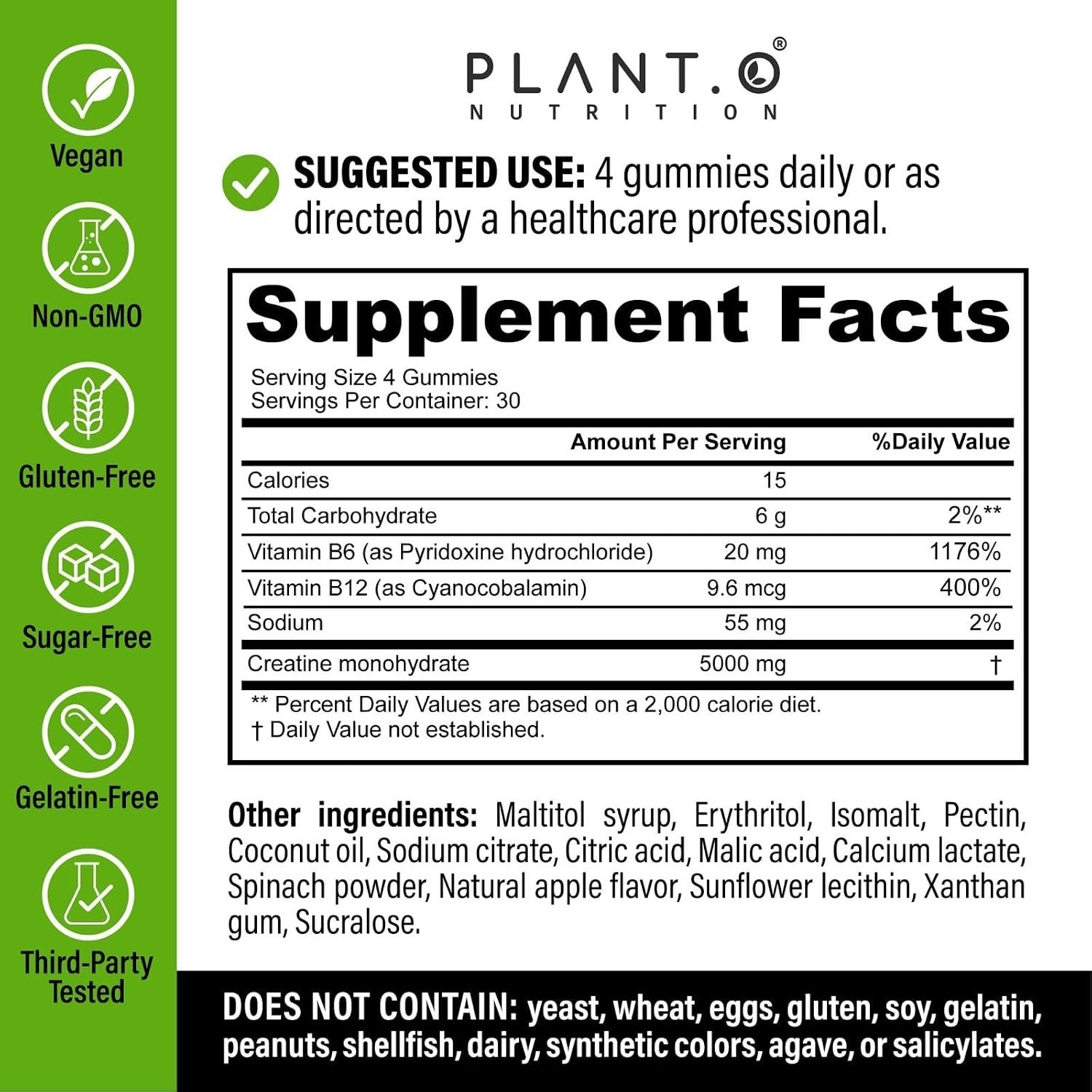 Creatine Monohydrate Gummies Sugar Free 5000mg 5g Per Serving Sour Green Apple