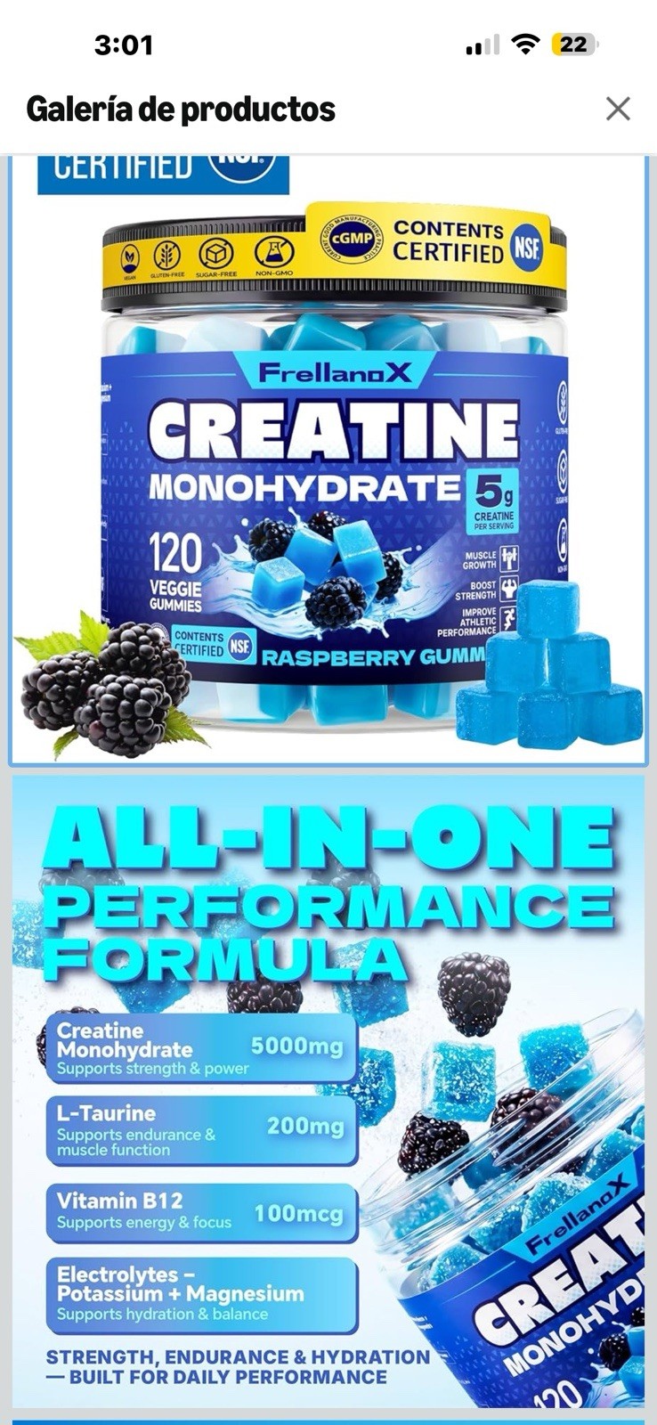FrellanoX Creatine Monohydrate Gummies 5g Raspberry 120 Vegan Sugar-Free