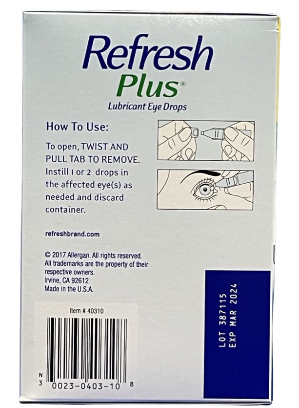 Refresh Plus Lubricant Eye Drops 100 Single-Use. EXP:08/24