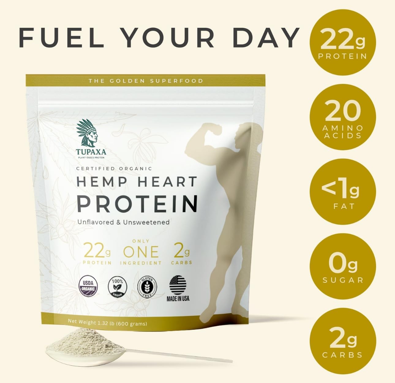 TUPAXA USDA Organic Hemp Protein Powder for Women & Men – Unflavored Pure Natura