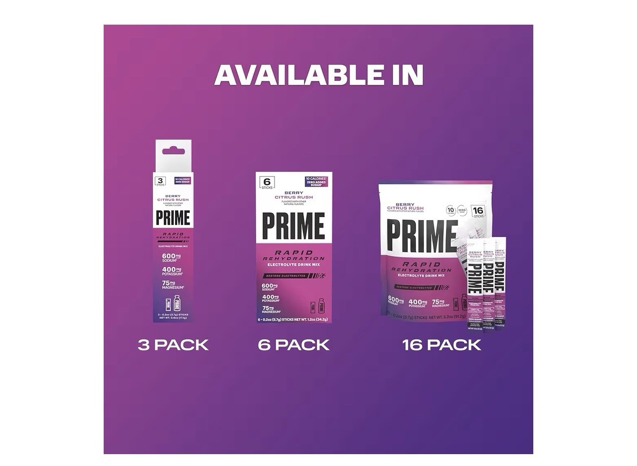 Prime Rapid Rehydration Electrolyte Drink Mix Berry Citrus Rush 16 Sticks New